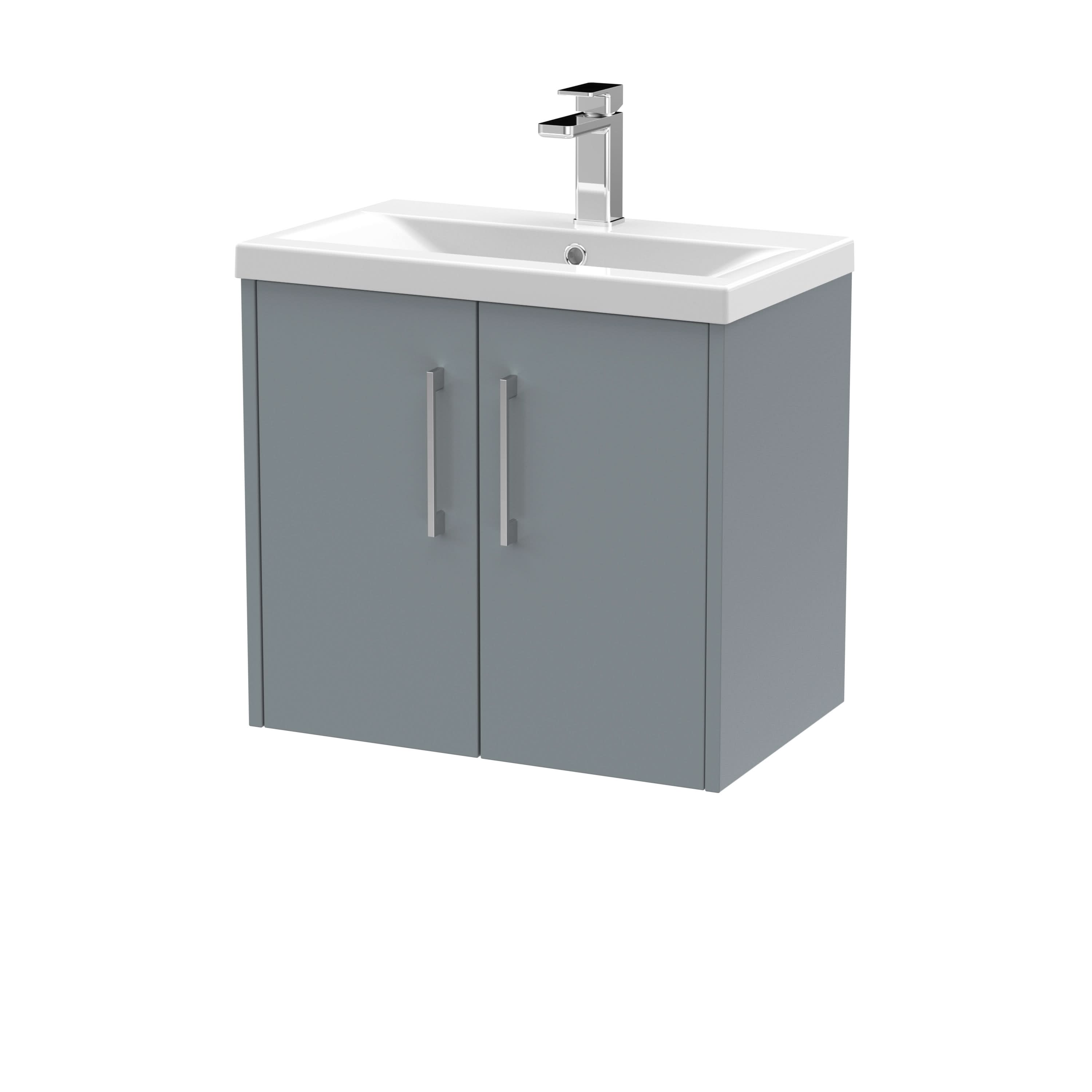 Hudson Reed Juno Wall Hung 2-Door Vanity and Mid-Edge 1 Tap Hole Basin, Timeless Sink Vanity Unit, Coastal Grey, 600mm