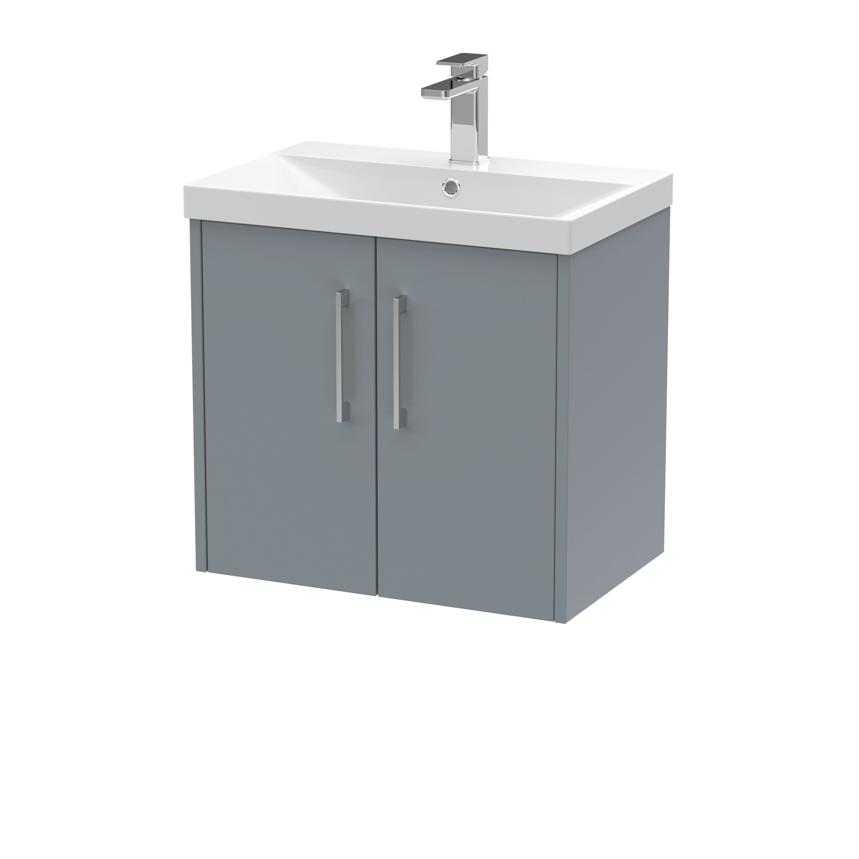 Hudson Reed Juno Wall Hung 2-Door Vanity and Thin-Edge 1 Tap Hole Basin, Timeless Sink Vanity Unit, Coastal Grey, 600mm