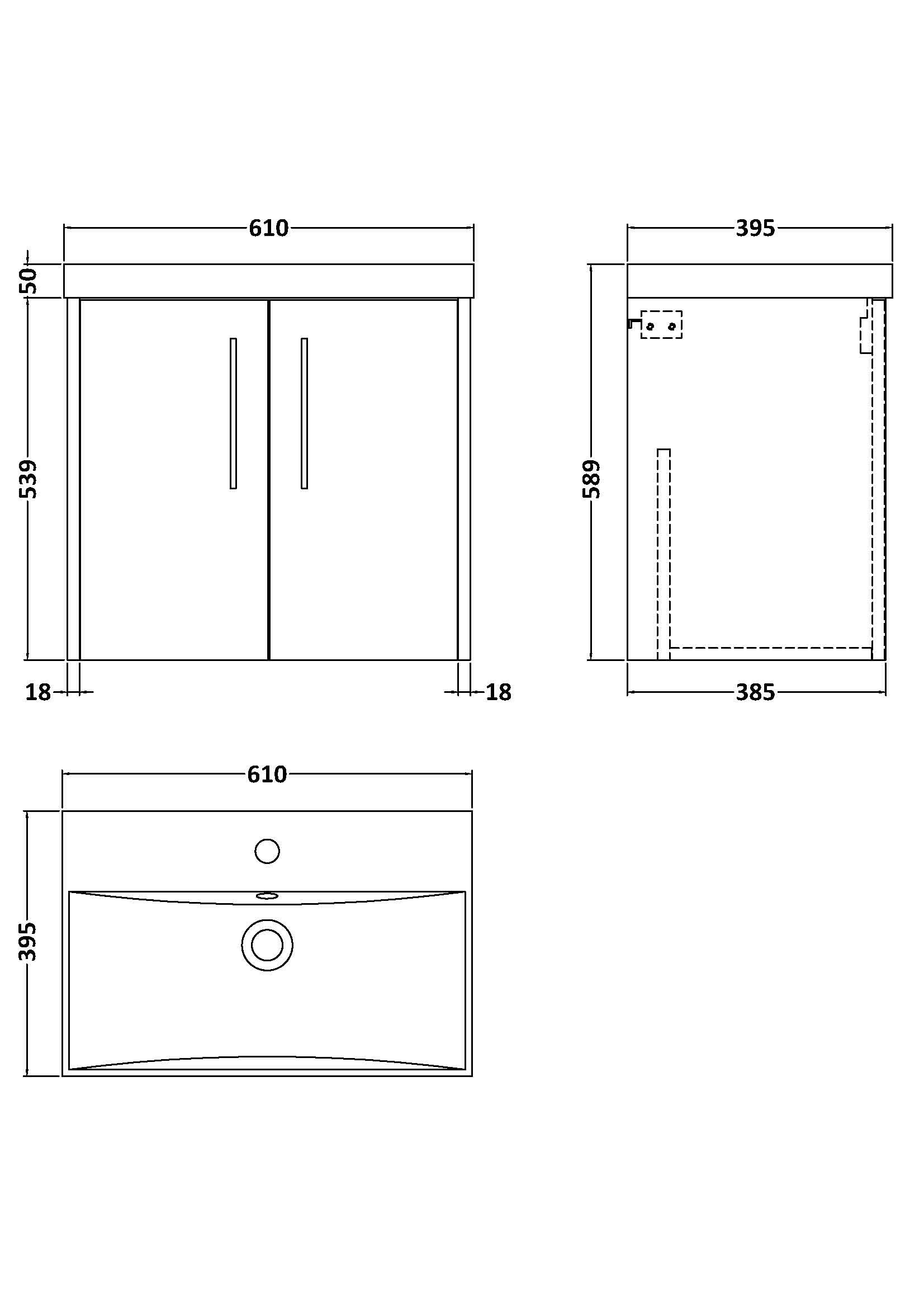 Hudson Reed Juno Wall Hung 2-Door Vanity and Thin-Edge 1 Tap Hole Basin, Timeless Sink Vanity Unit, Coastal Grey, 600mm