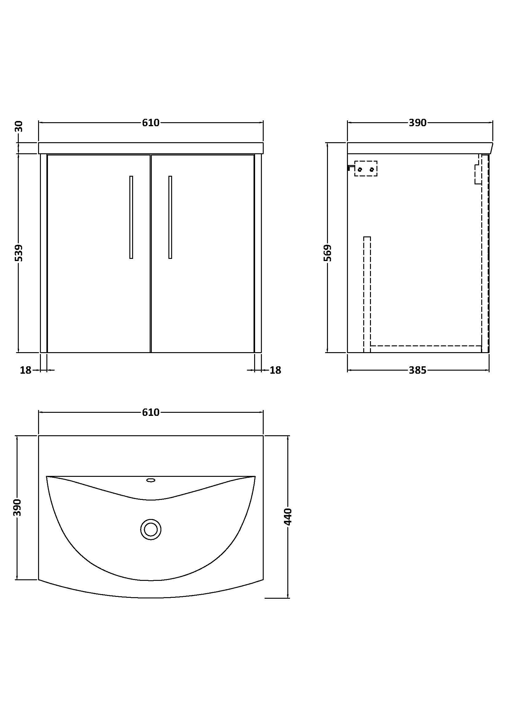 Hudson Reed Juno Wall Hung 2-Door Vanity and Curved 1 Tap Hole Basin, Timeless Sink Vanity Unit, Coastal Grey, 600mm