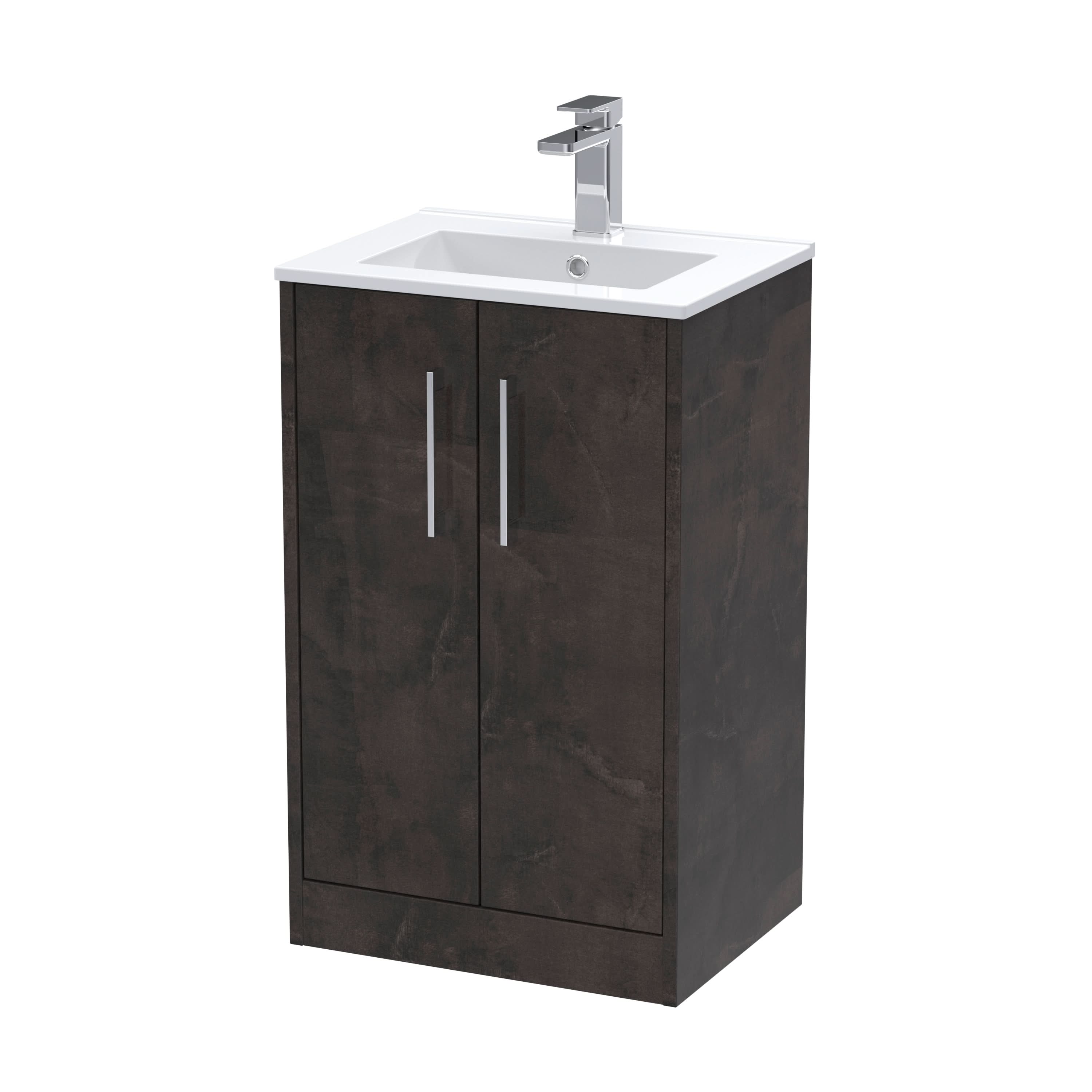 Hudson Reed Juno Floor Standing 2-Door Vanity & Minimalist 1 Tap Hole Basin, Refined Sink Vanity Unit, Metallic Slate, 500mm