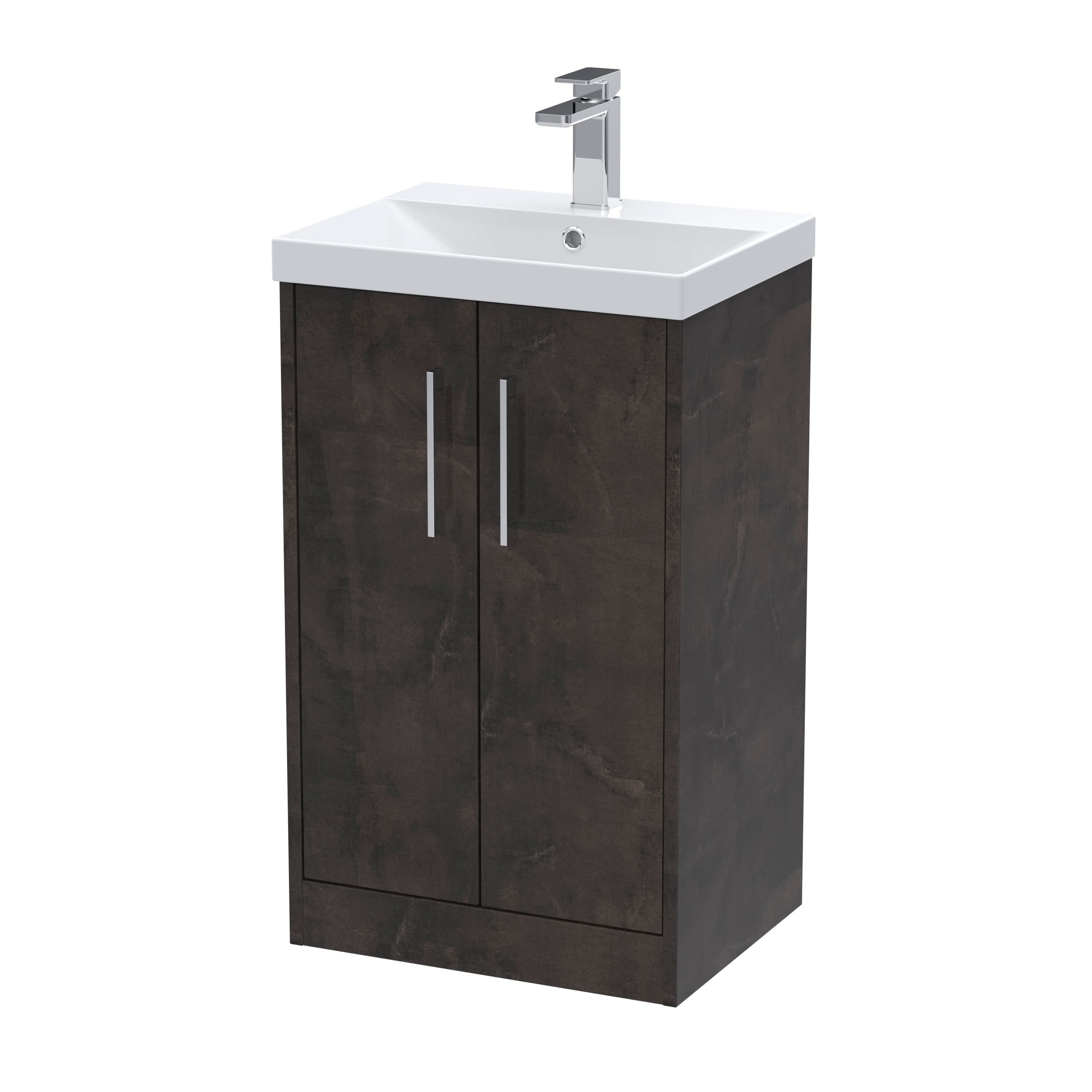 Hudson Reed Juno Floor Standing 2-Door Vanity & Thin-Edge 1 Tap Hole Basin, Refined Sink Vanity Unit, Metallic Slate, 500mm