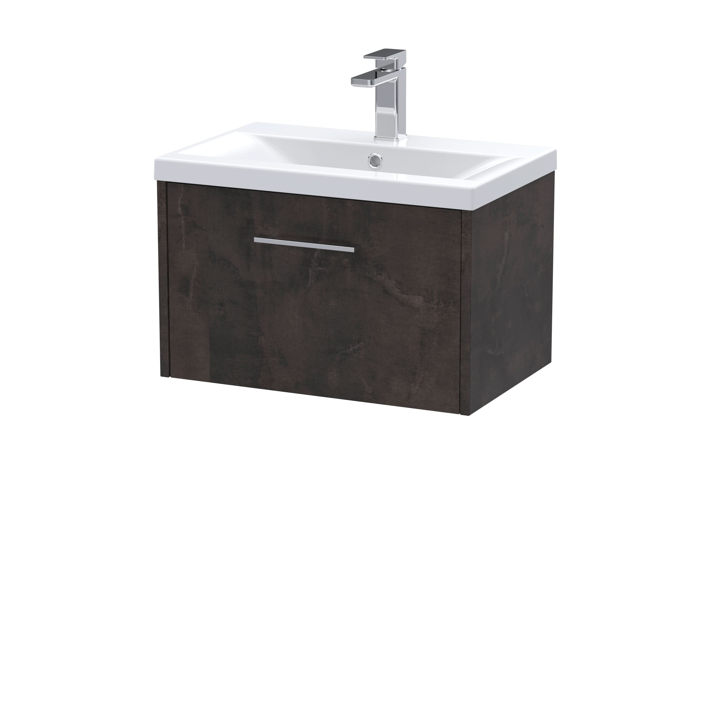 Hudson Reed Juno Wall Hung 1-Drawer Vanity and Mid-Edge 1 Tap Hole Basin, Refined Sink Vanity Unit, Metallic Slate, 600mm