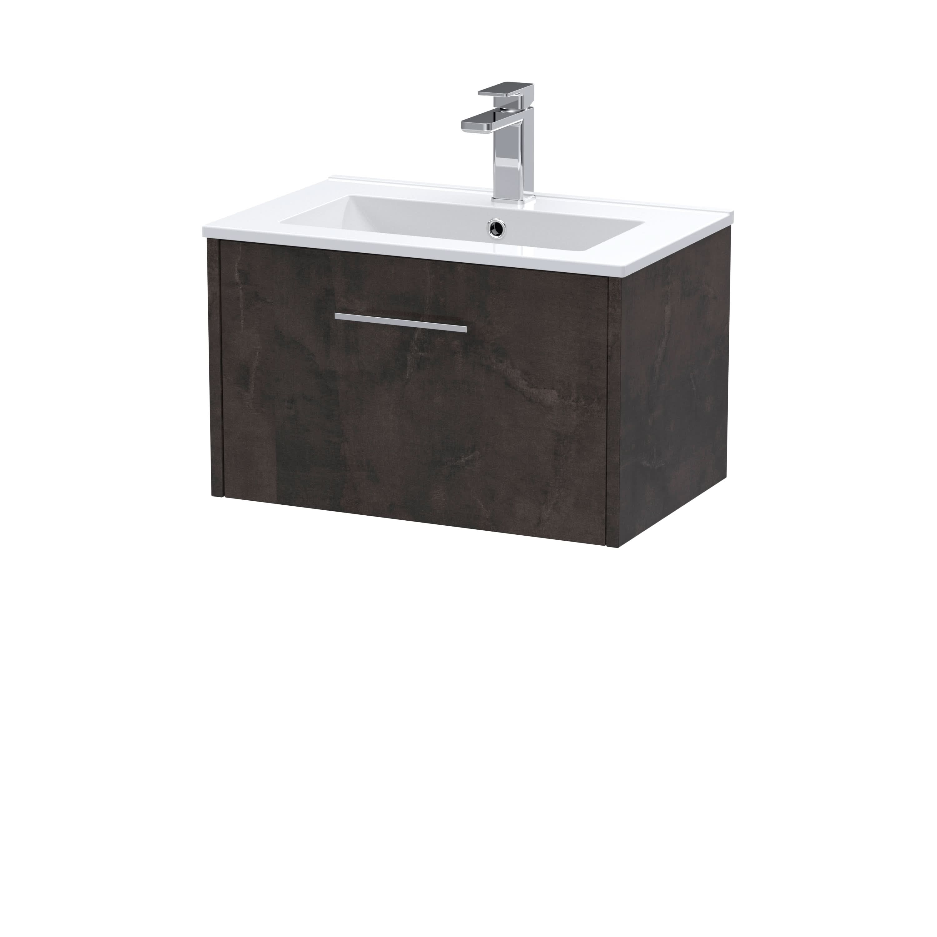Hudson Reed Juno Wall Hung 1-Drawer Vanity and Minimalist 1 Tap Hole Basin, Refined Sink Vanity Unit, Metallic Slate, 600mm