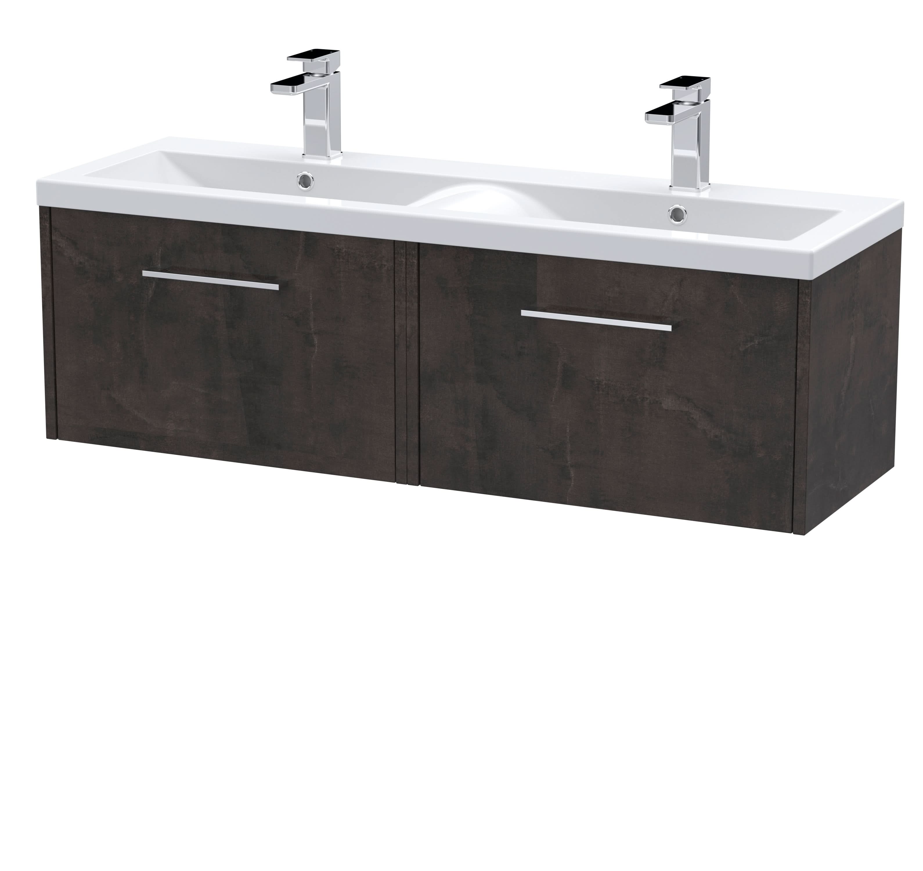 Hudson Reed Fluted Wall Hung 2-Drawer Vanity and Double Vitreous China Basin, Contemporary Sink Vanity Unit, Metallic Slate, 1200mm