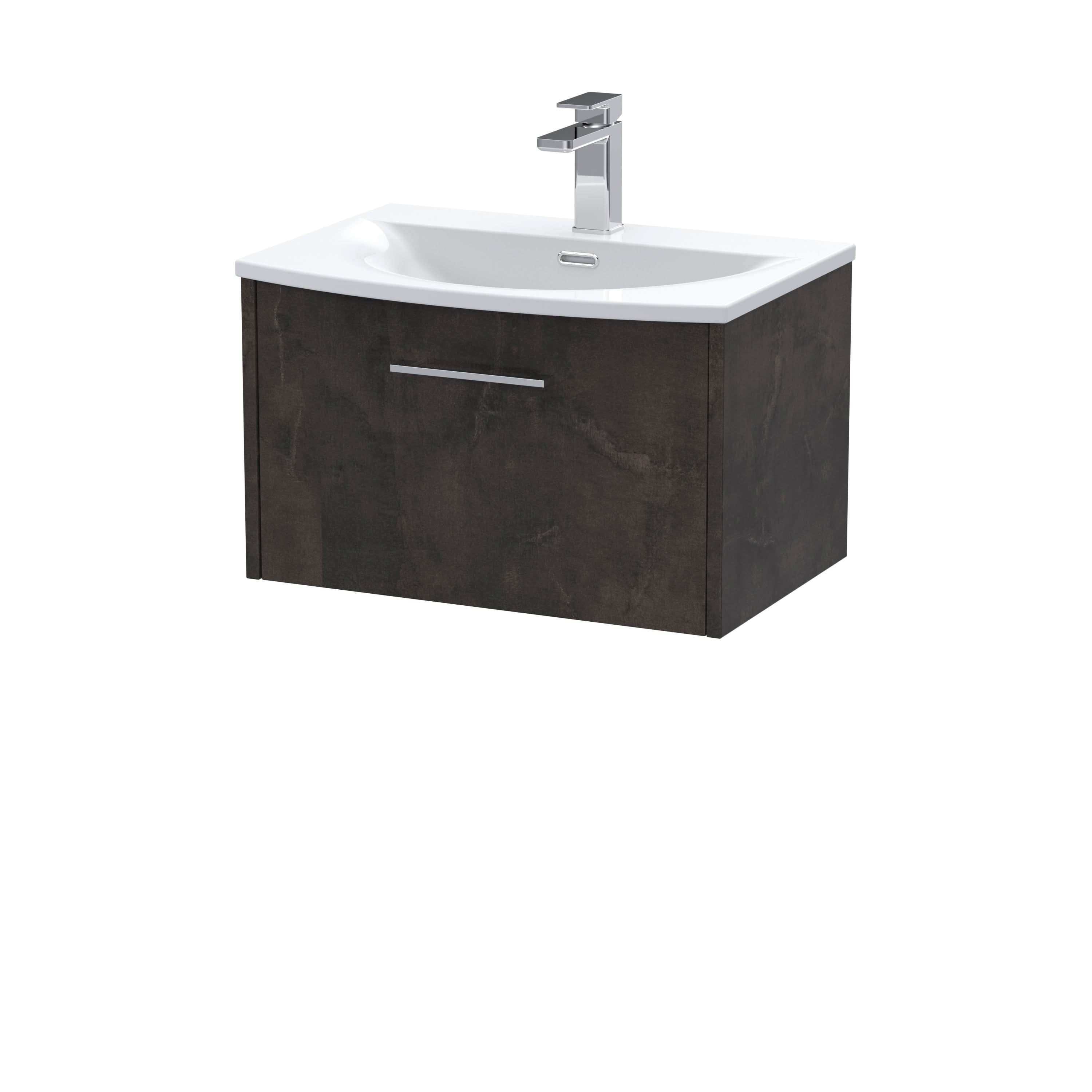 Hudson Reed Juno Wall Hung 1-Drawer Vanity and Curved 1 Tap Hole Basin, Refined Sink Vanity Unit, Metallic Slate, 600mm