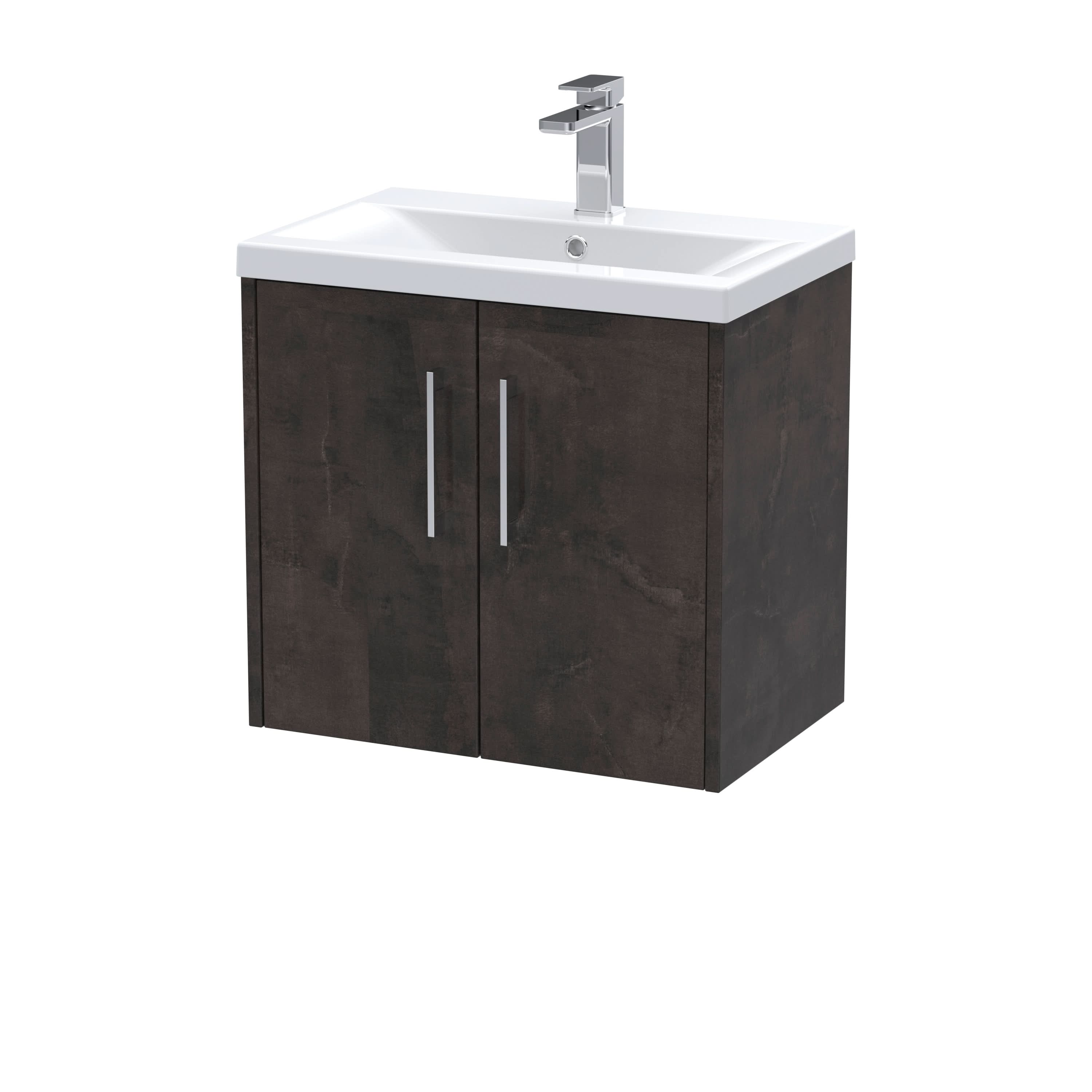 Hudson Reed Juno Wall Hung 2-Door Vanity & Mid-Edge 1 Tap Hole Basin, Refined Sink Vanity Unit, Metallic Slate, 600mm