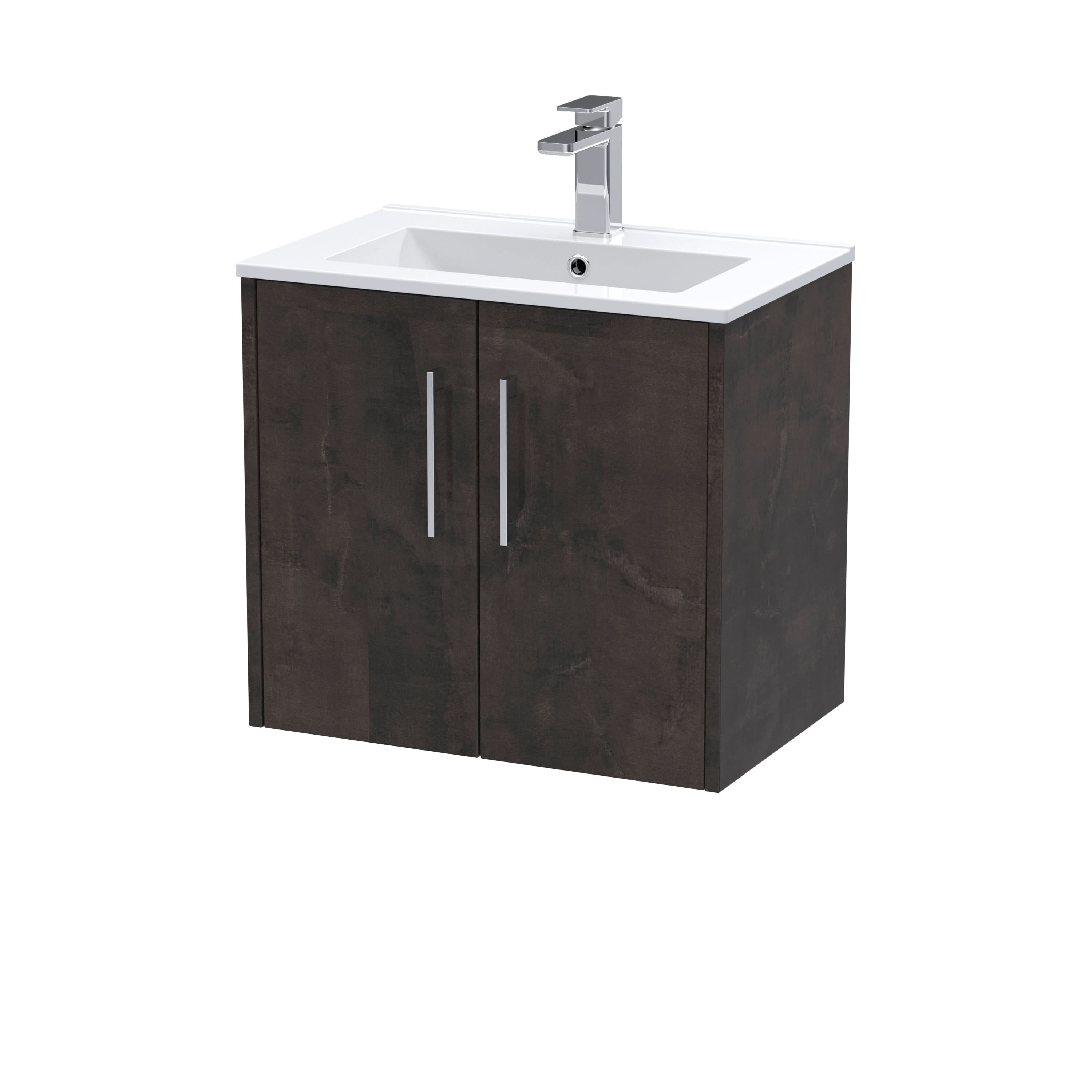 Hudson Reed Juno Wall Hung 2-Door Vanity & Minimalist 1 Tap Hole Basin, Refined Sink Vanity Unit, Metallic Slate, 600mm