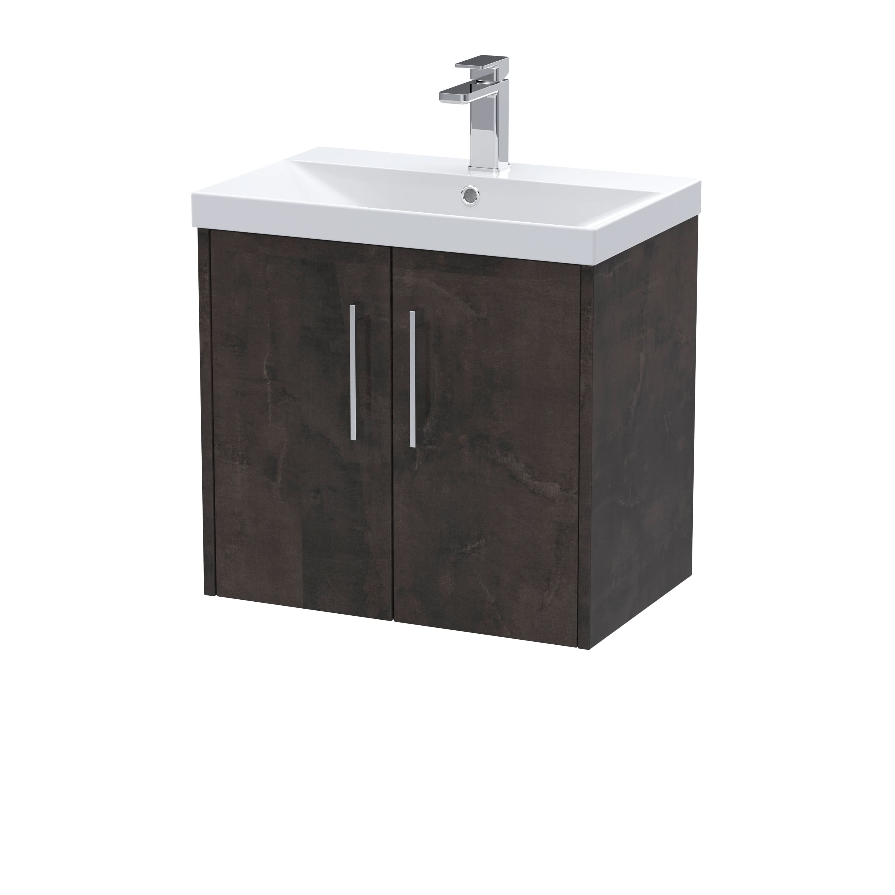 Hudson Reed Juno Wall Hung 2-Door Vanity & Thin-Edge 1 Tap Hole Basin, Refined Sink Vanity Unit, Metallic Slate, 600mm