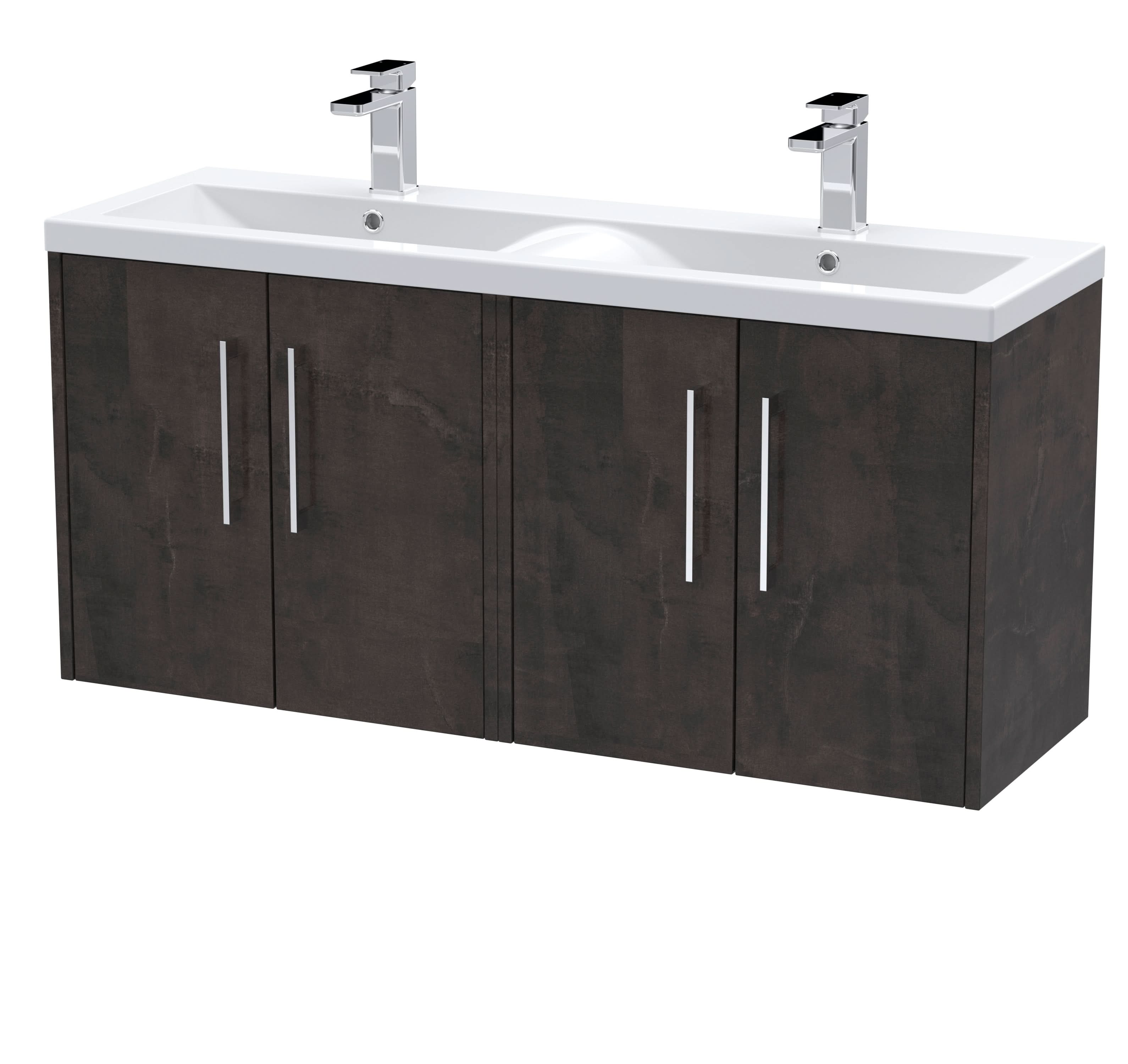 Hudson Reed Fluted Wall Hung 4-Door Vanity and Double Vitreous China Basin, Contemporary Sink Vanity Unit, Metallic Slate, 1200mm