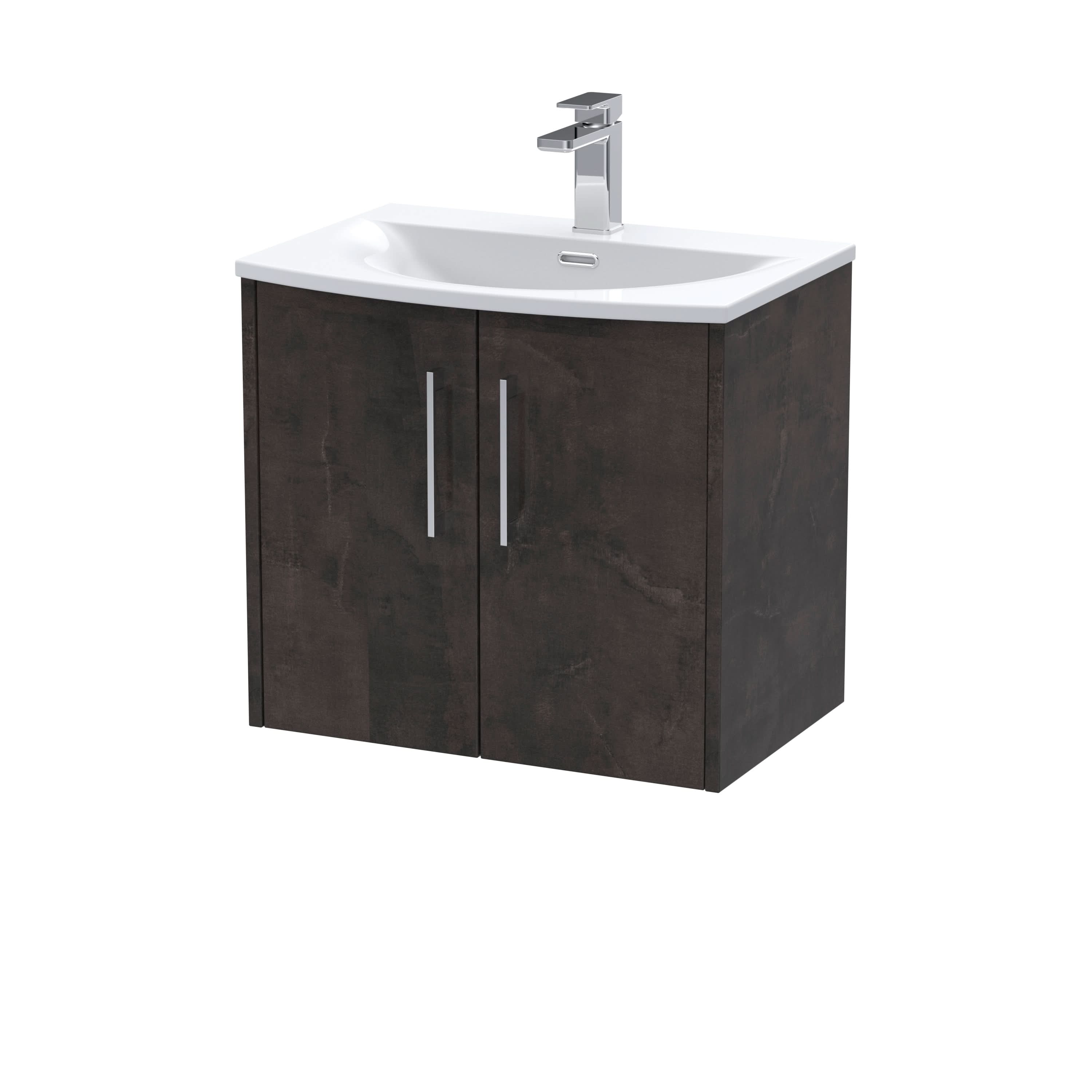 Hudson Reed Juno Wall Hung 2-Door Vanity & Curved 1 Tap Hole Basin, Refined Sink Vanity Unit, Metallic Slate, 600mm