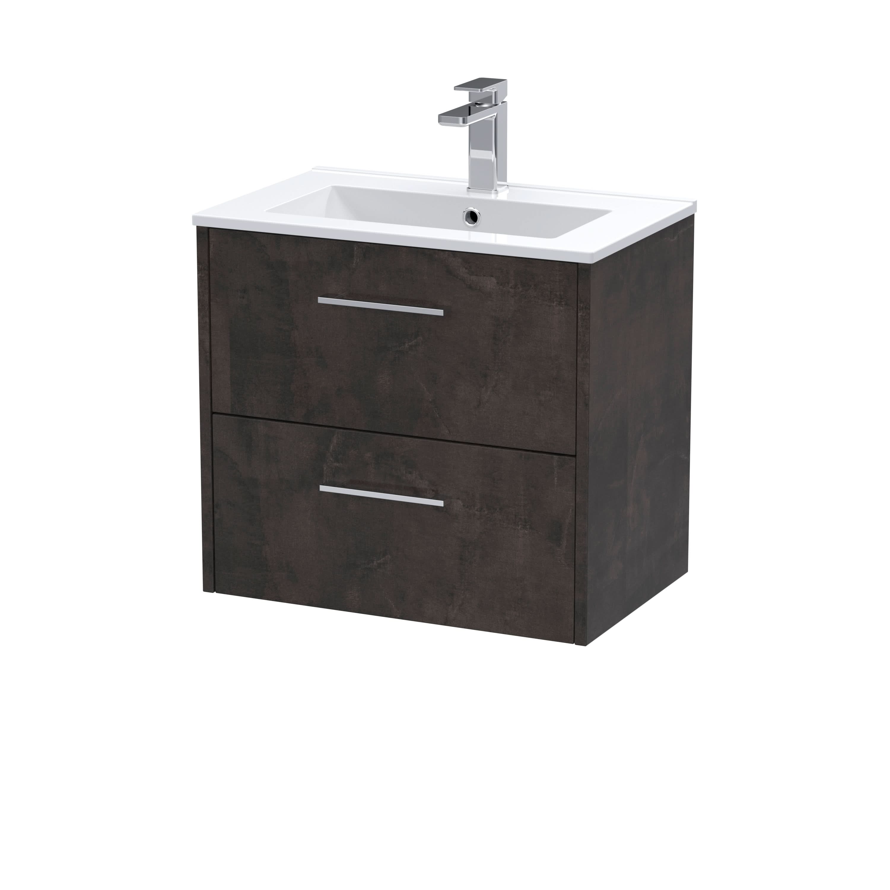 Hudson Reed Juno Wall Hung 2-Drawer Vanity and Minimalist 1 Tap Hole Basin, Refined Sink Vanity Unit, Metallic Slate, 600mm