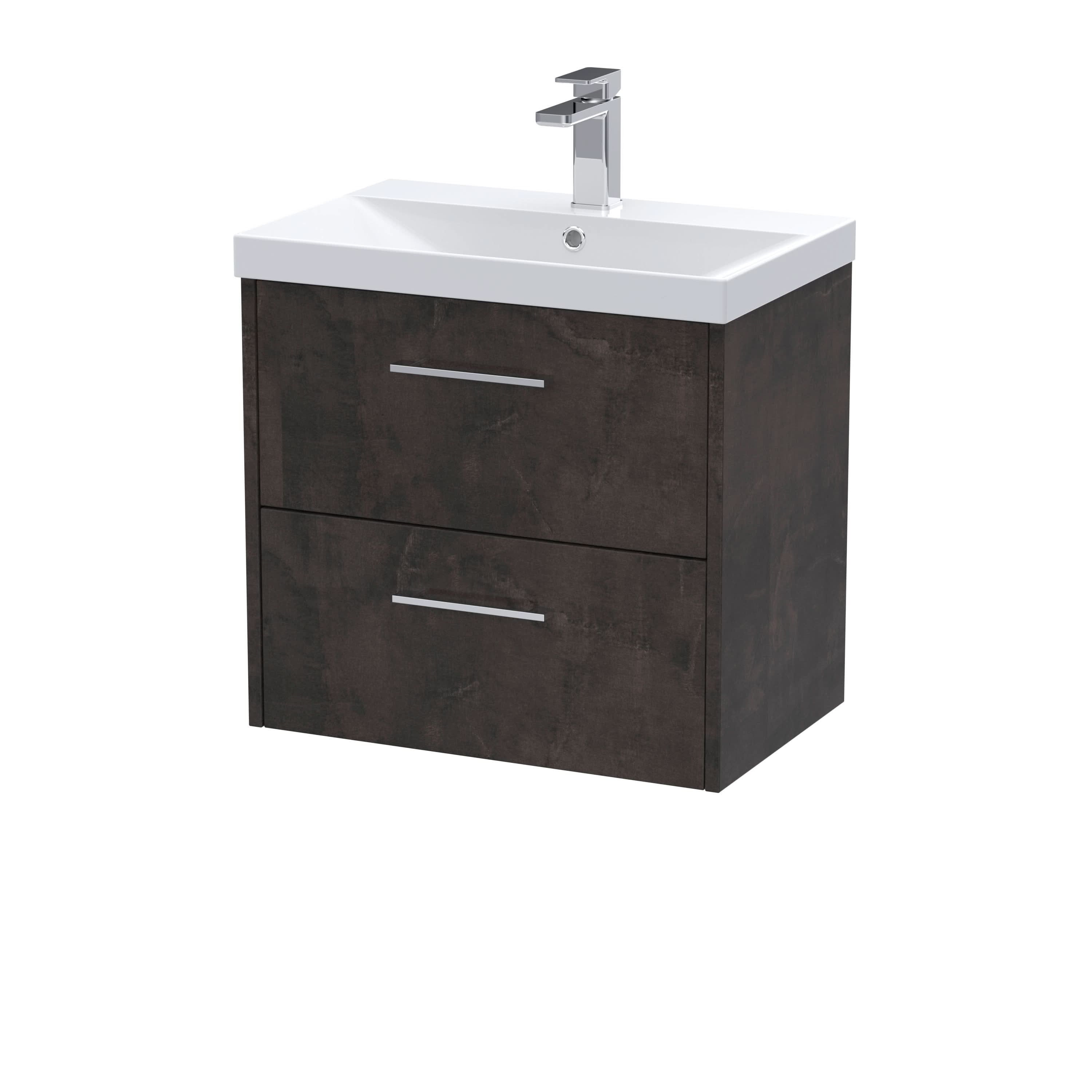 Hudson Reed Juno Wall Hung 2-Drawer Vanity and Thin-Edge 1 Tap Hole Basin, Refined Sink Vanity Unit, Metallic Slate, 600mm