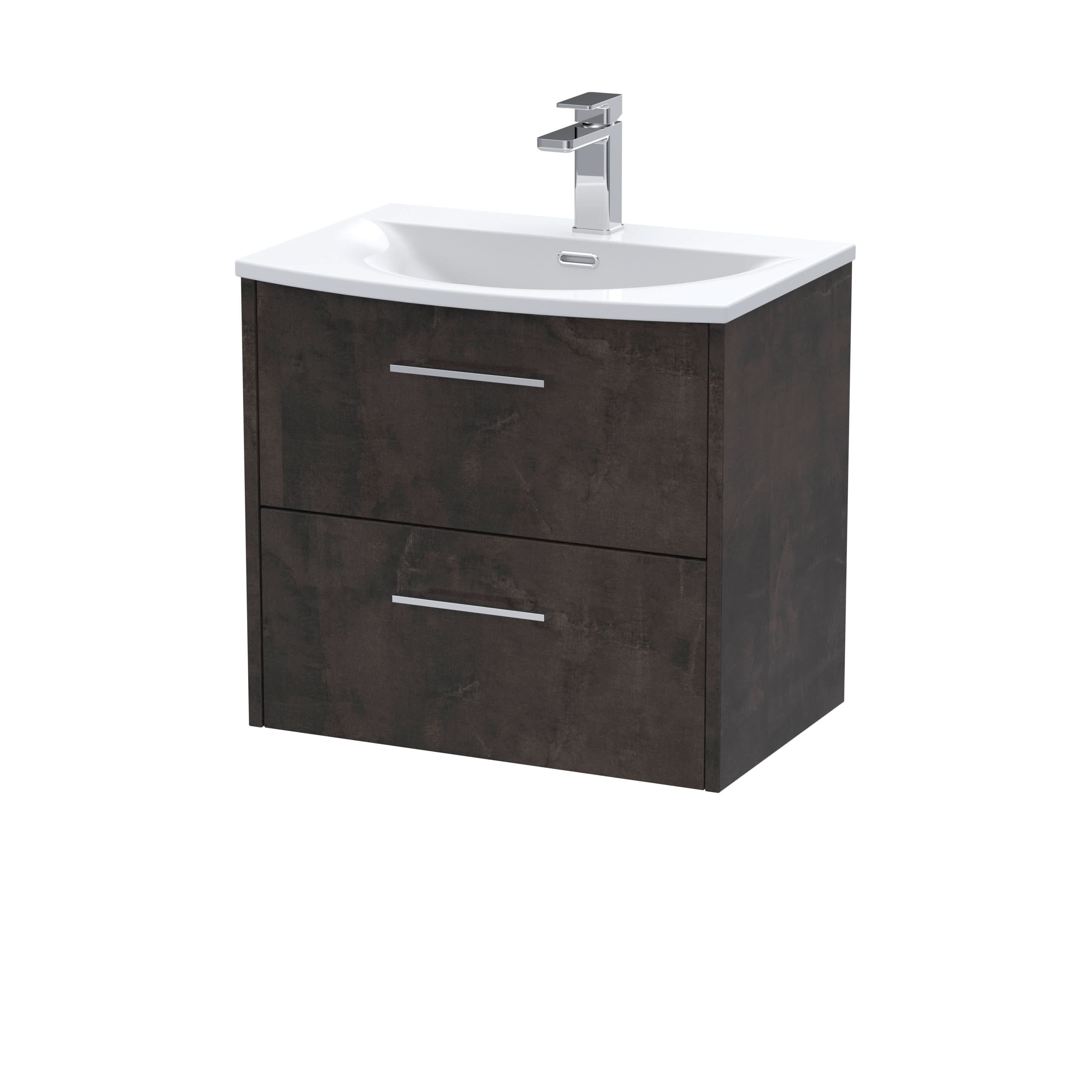 Hudson Reed Juno Wall Hung 2-Drawer Vanity and Curved 1 Tap Hole Basin, Refined Sink Vanity Unit, Metallic Slate, 600mm