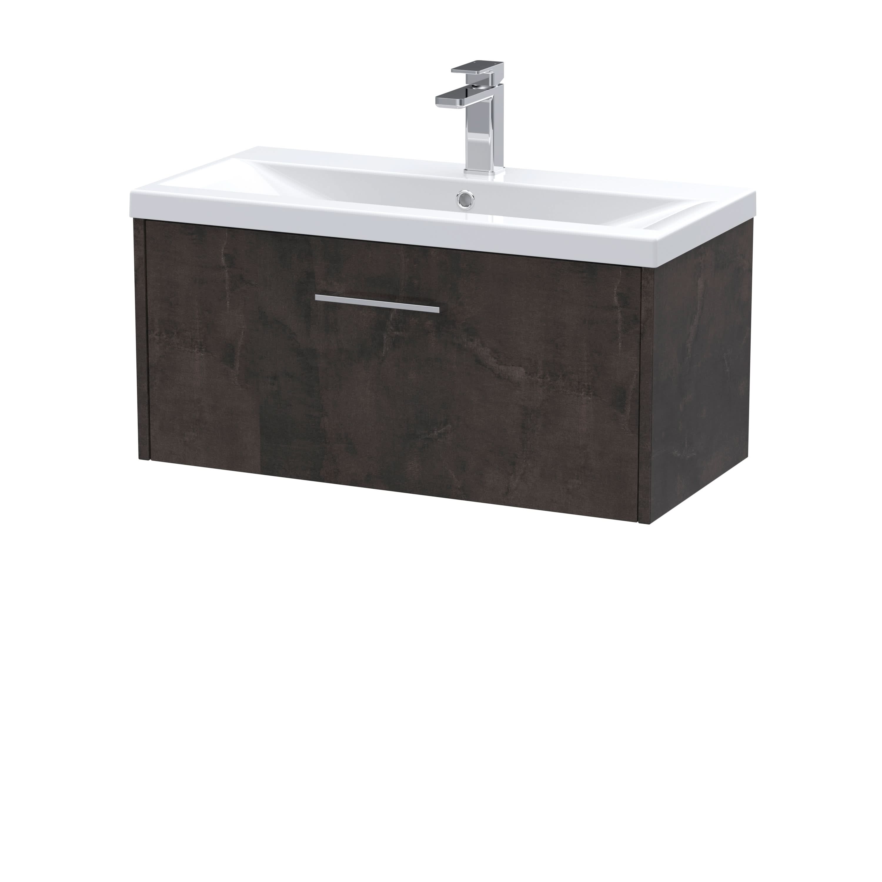 Hudson Reed Juno Wall Hung 1-Drawer Vanity and Mid-Edge 1 Tap Hole Basin, Refined Sink Vanity Unit, Metallic Slate, 800mm