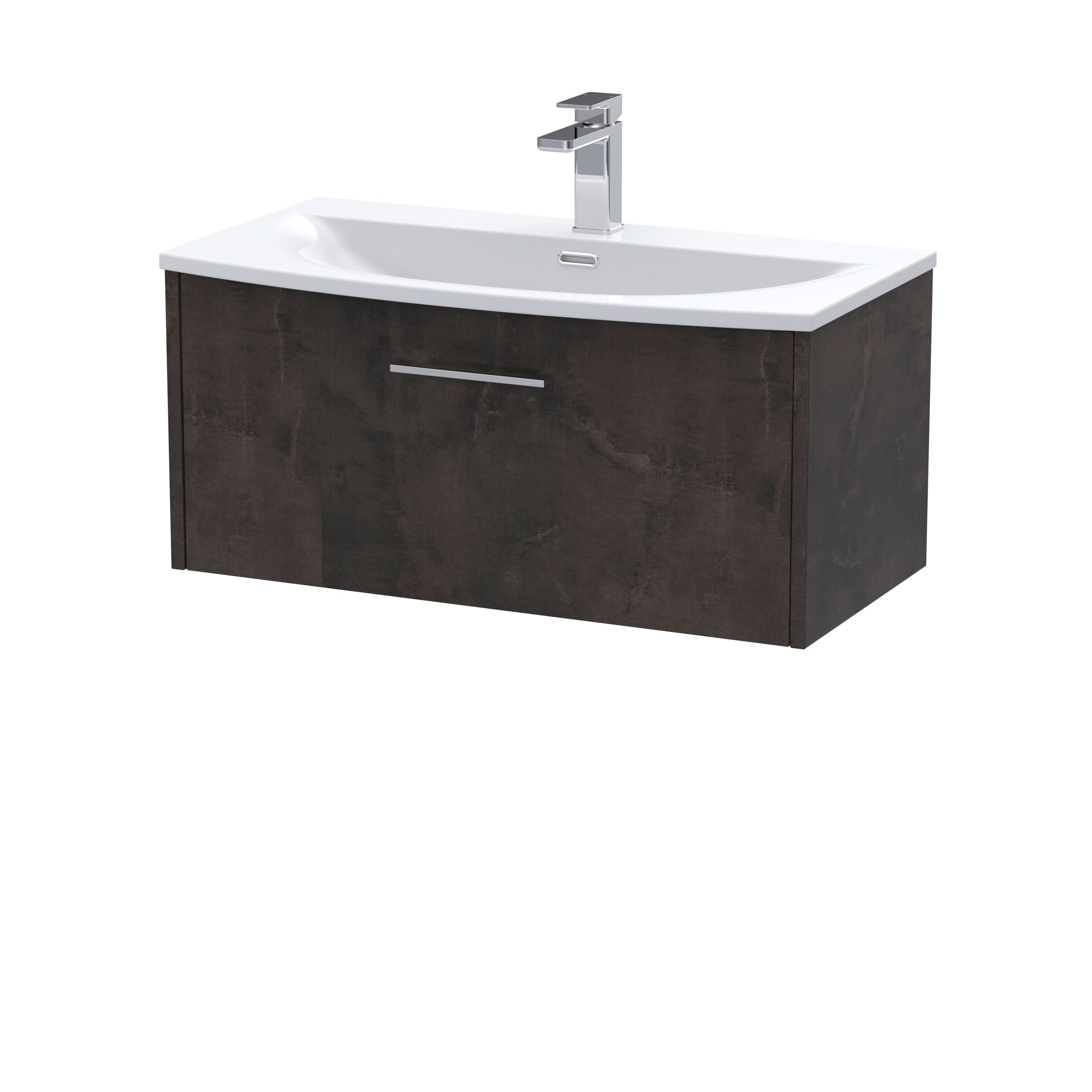 Hudson Reed Juno Wall Hung 1-Drawer Vanity and Curved 1 Tap Hole Basin, Refined Sink Vanity Unit, Metallic Slate, 800mm