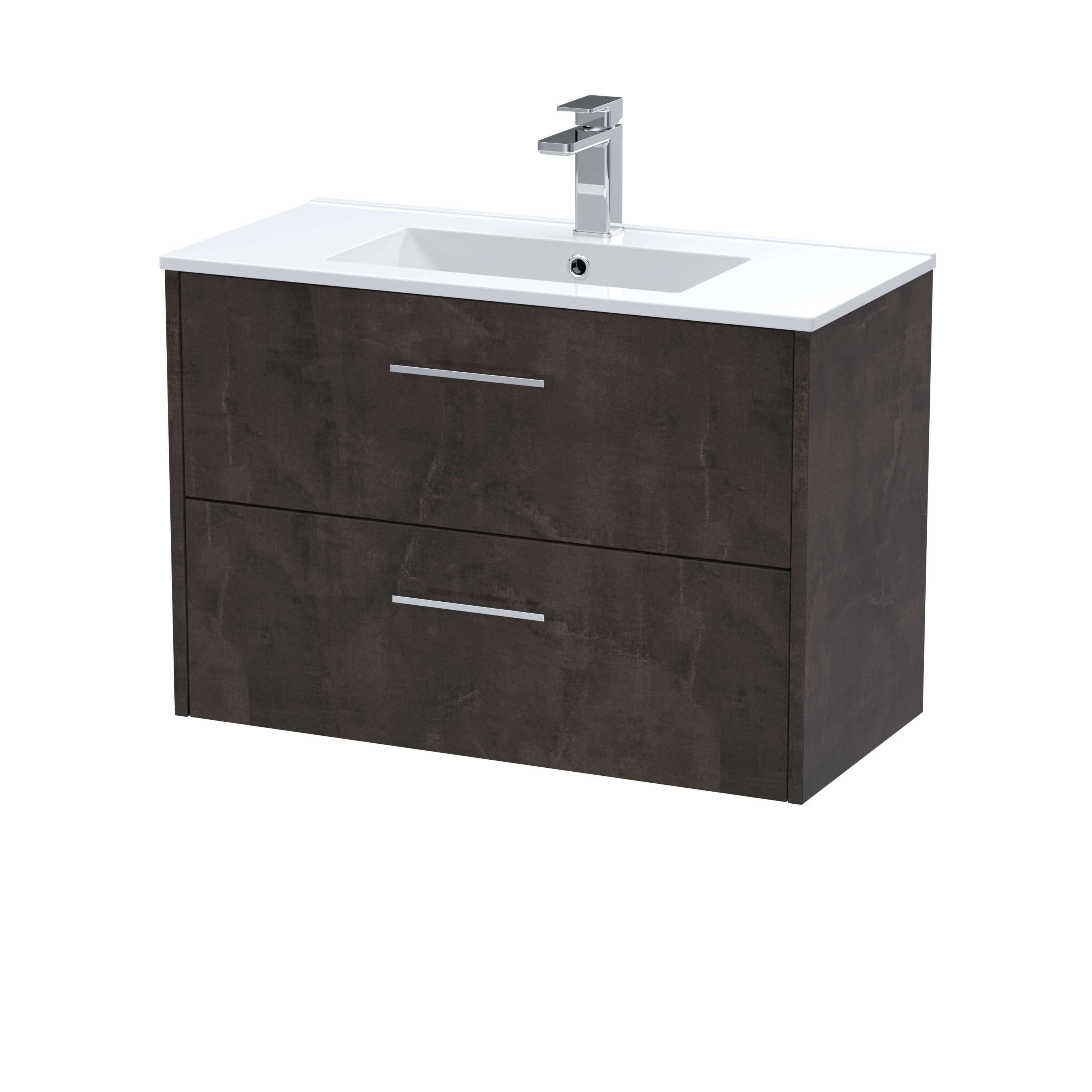 Hudson Reed Juno Wall Hung 2-Drawer Vanity and Minimalist 1 Tap Hole Basin, Refined Sink Vanity Unit, Metallic Slate, 800mm