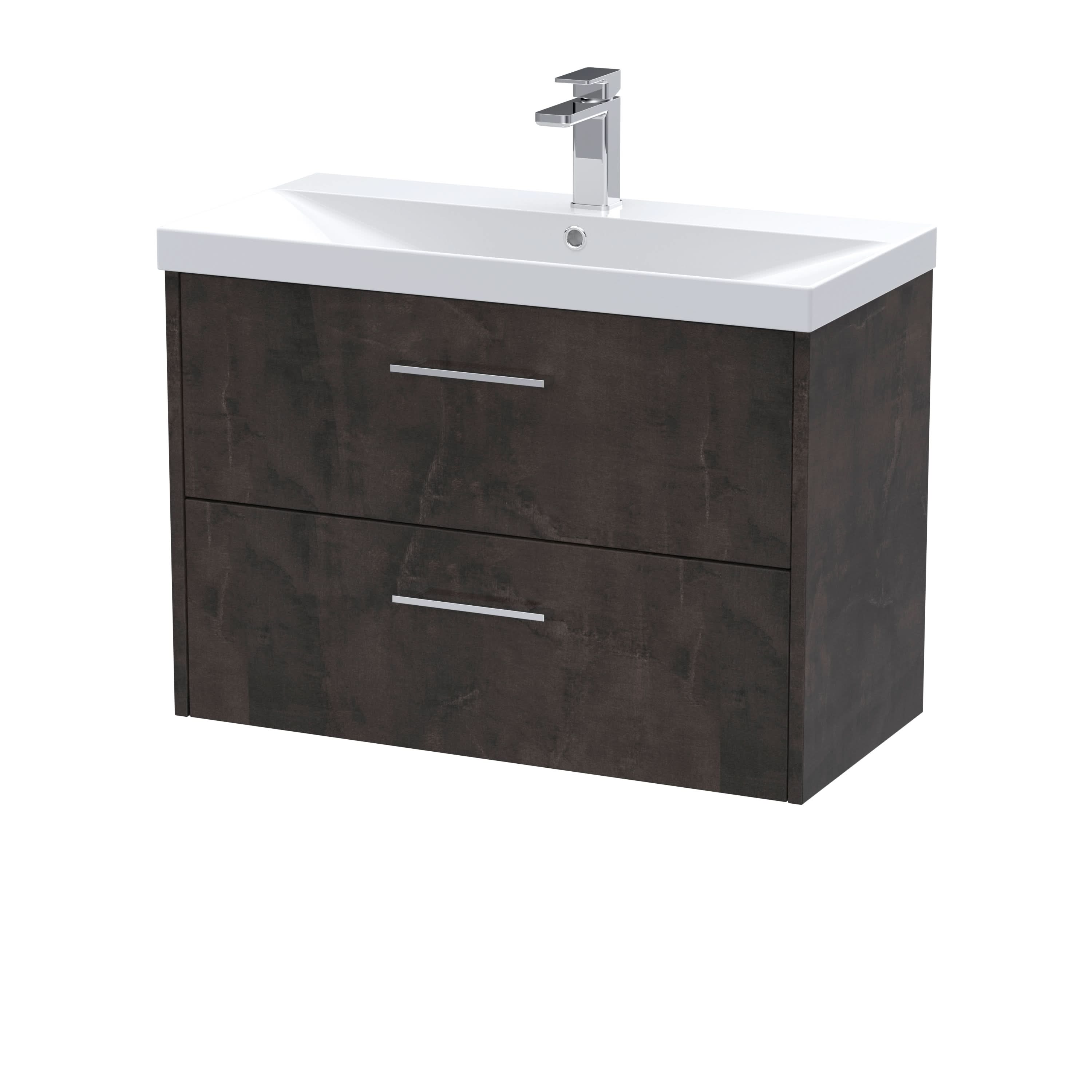 Hudson Reed Juno Wall Hung 2-Drawer Vanity and Thin-Edge 1 Tap Hole Basin, Refined Sink Vanity Unit, Metallic Slate, 800mm