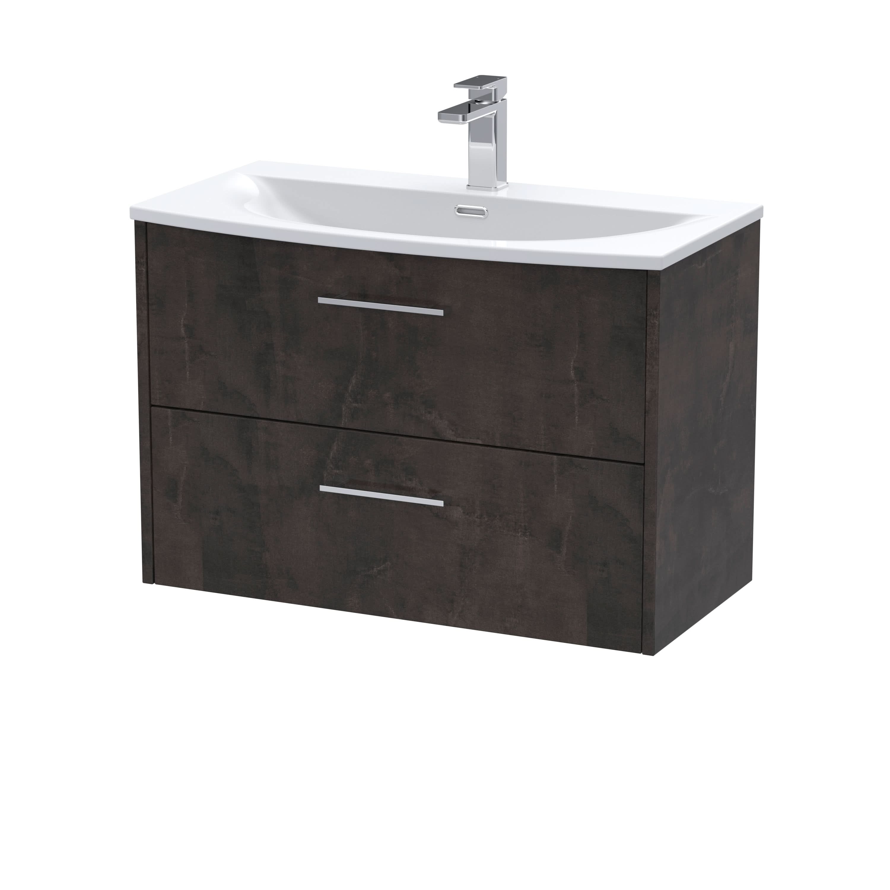 Hudson Reed Juno Wall Hung 2-Drawer Vanity and Curved 1 Tap Hole Basin, Refined Sink Vanity Unit, Metallic Slate, 800mm