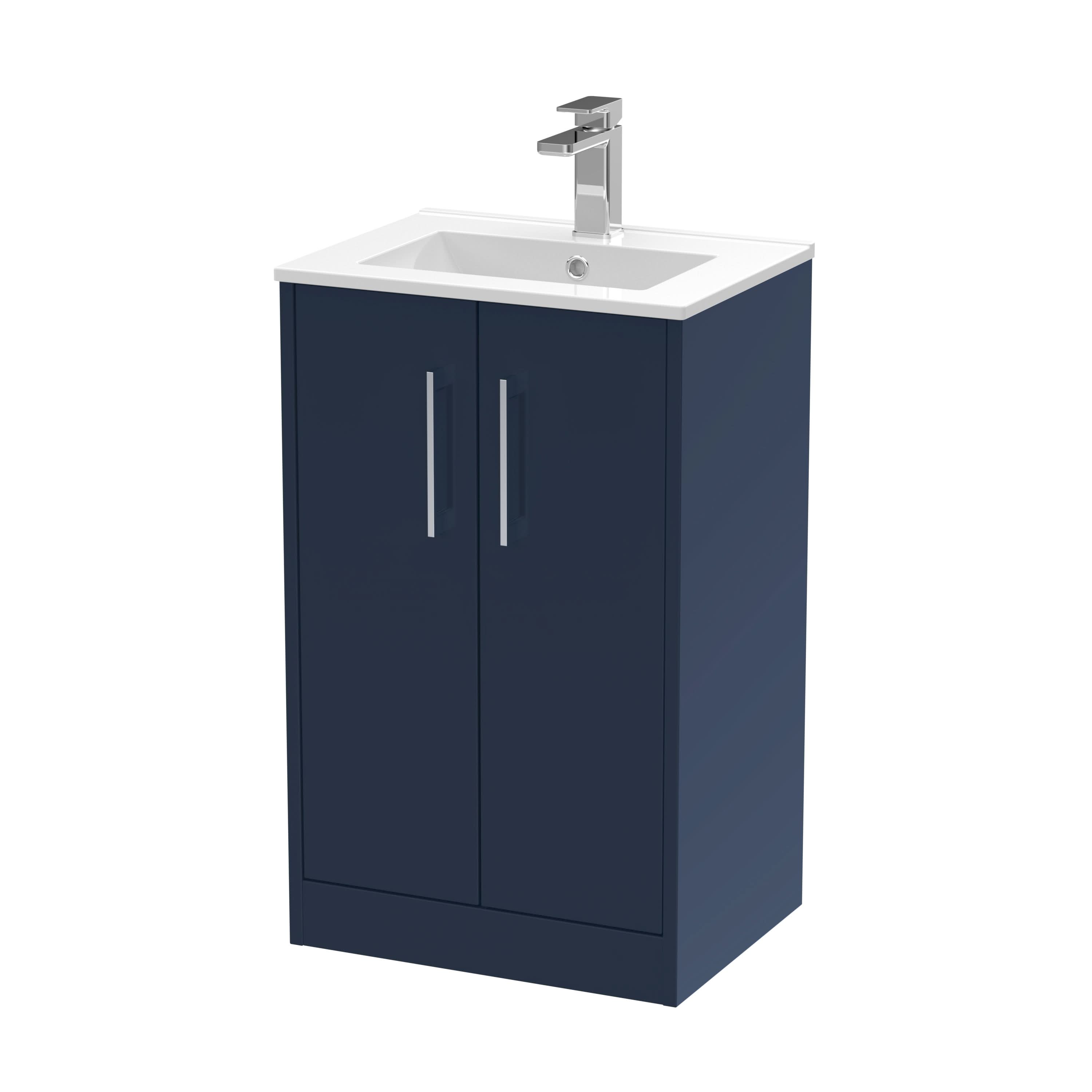 Hudson Reed Juno Floor Standing 2-Door Vanity & Minimalist 1 Tap Hole Basin, Refined Sink Vanity Unit, Midnight Blue, 500mm