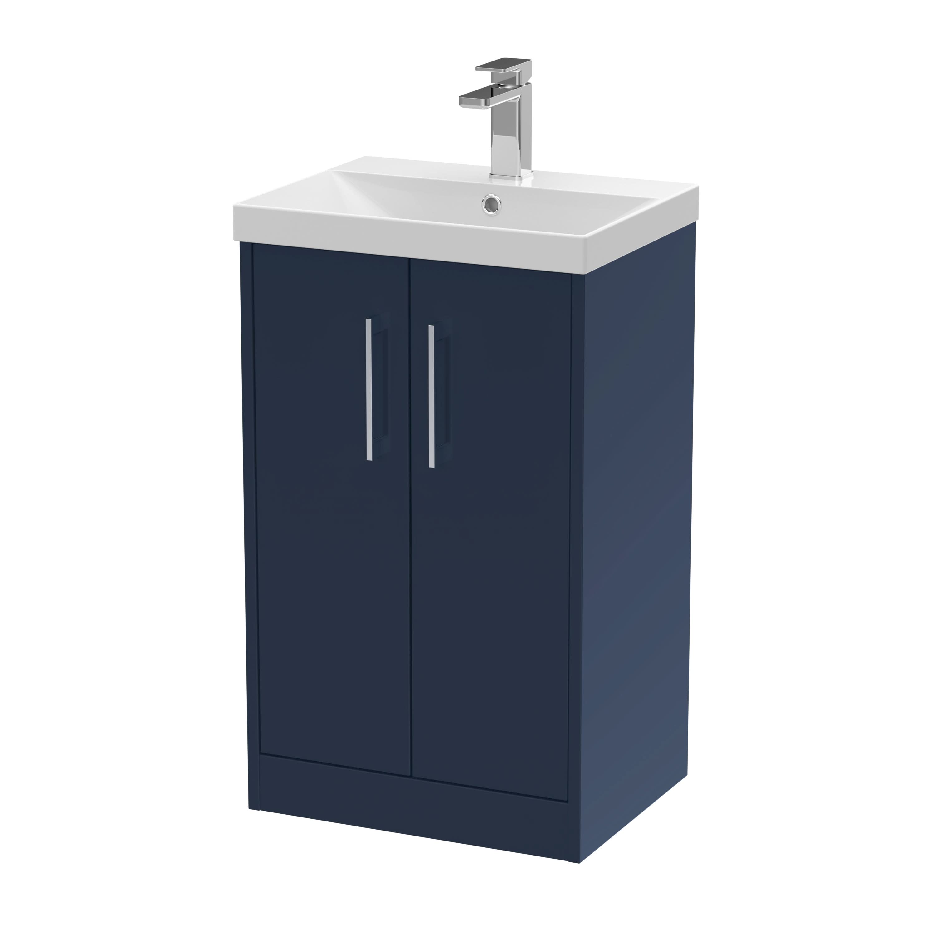 Hudson Reed Juno Floor Standing 2-Door Vanity & Thin-Edge 1 Tap Hole Basin, Refined Sink Vanity Unit, Midnight Blue, 500mm