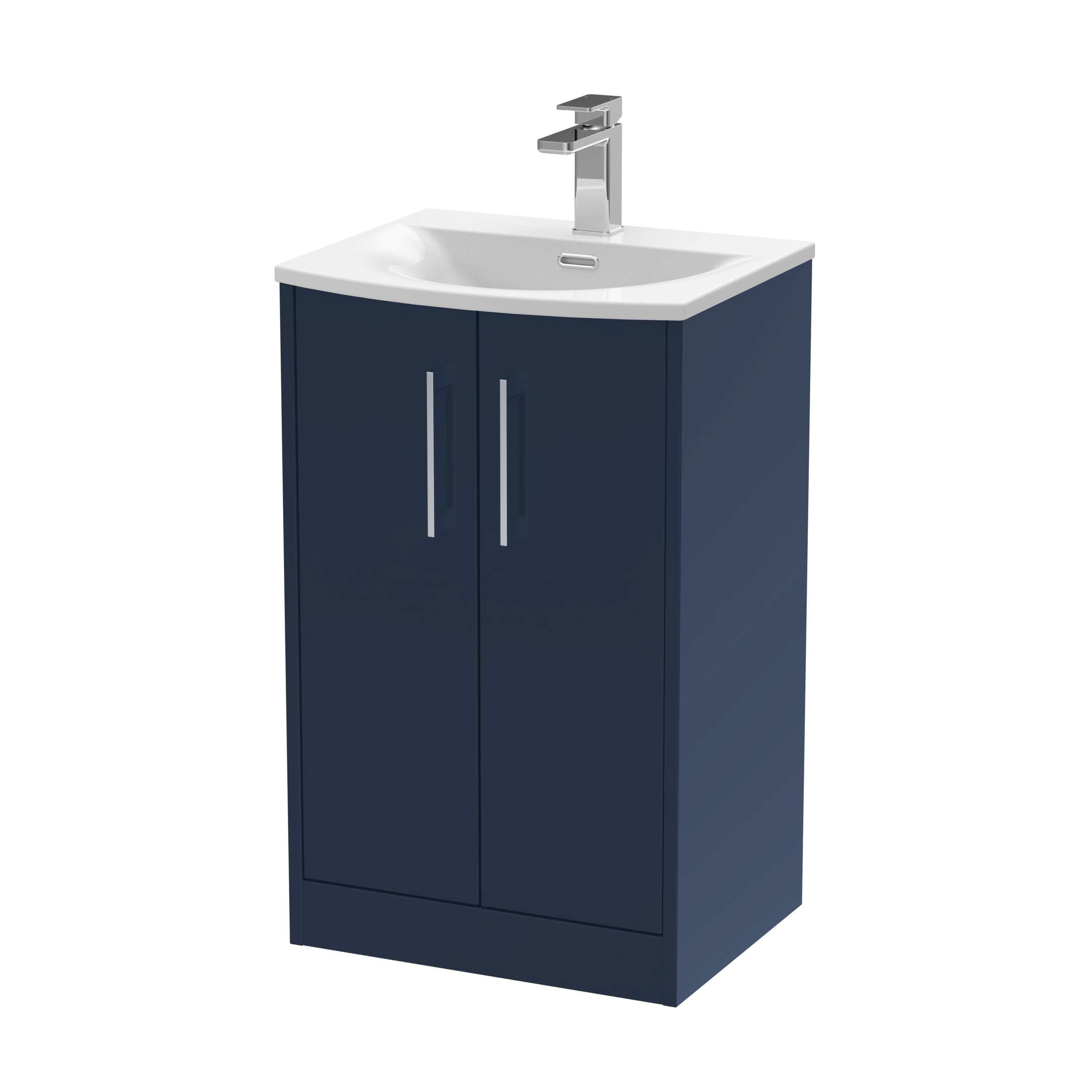 Hudson Reed Juno Floor Standing 2-Door Vanity & Curved 1 Tap Hole Basin, Refined Sink Vanity Unit, Midnight Blue, 500mm