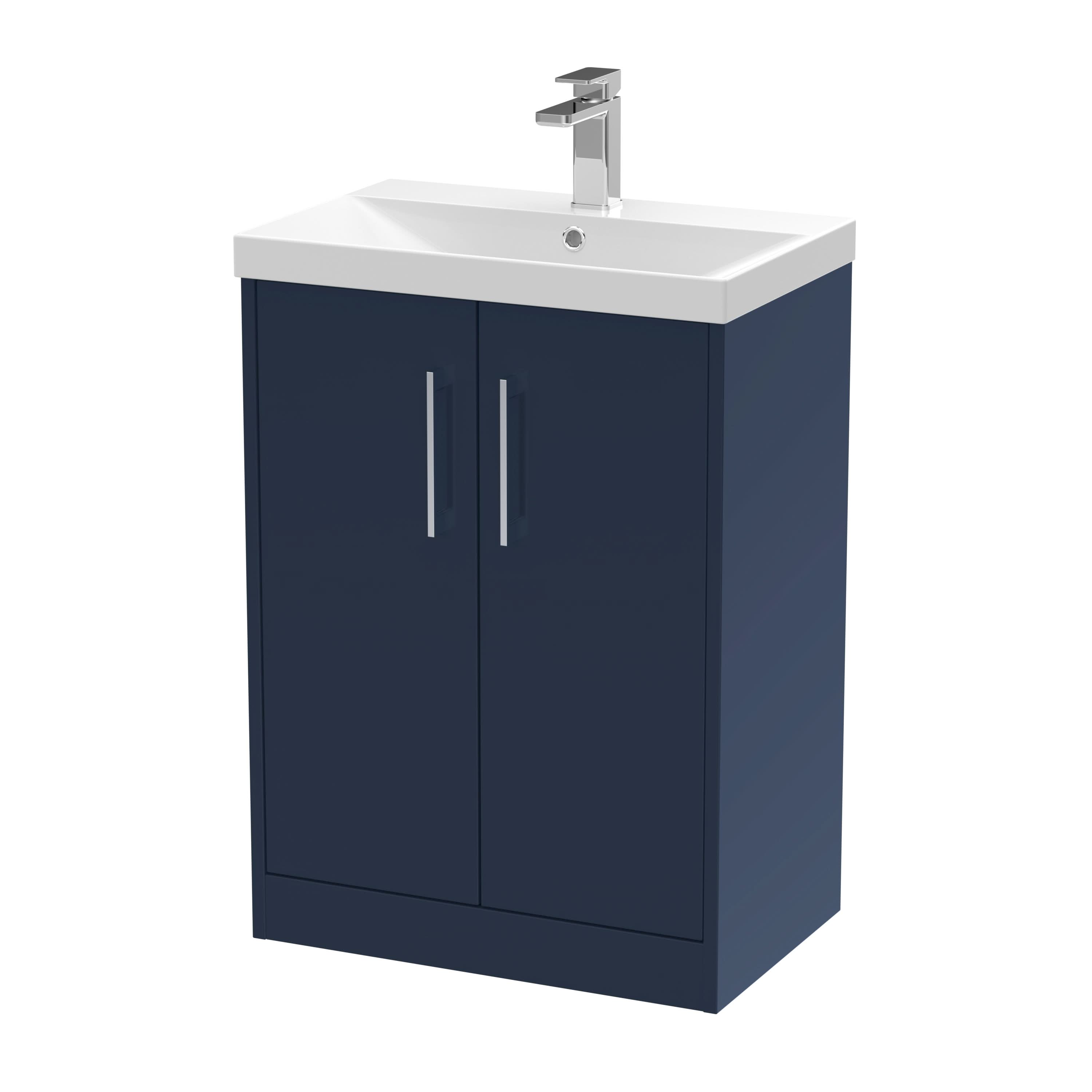 Hudson Reed Juno Floor Standing Vanity Unit, 2-Door Bathroom Vanity Unit with White Basin, Soft Close, Painted Matt Finish, Compact Sink Vanity Unit in Midnight Blue, 600mm
