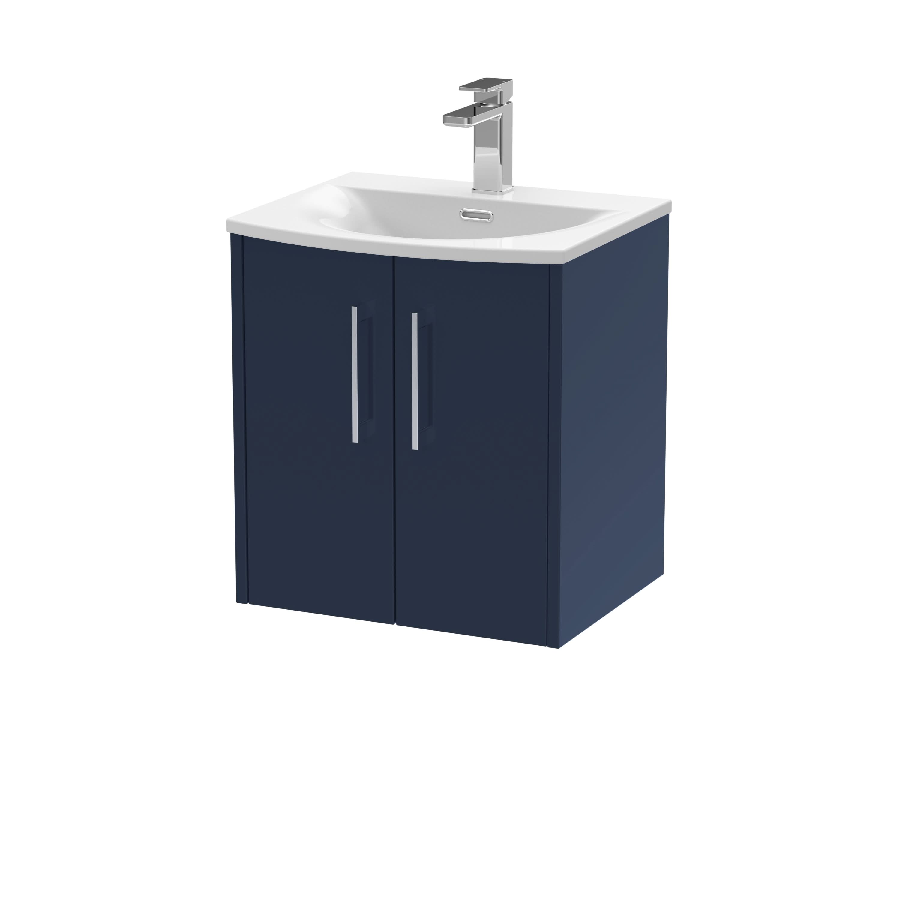Hudson Reed Juno Wall Hung Vanity Unit with White Basin, 2-Door Cabinet with Soft Close Modern Bathroom Vanity Unit with Basin for Compact Spaces in Midnight Blue, 500mm