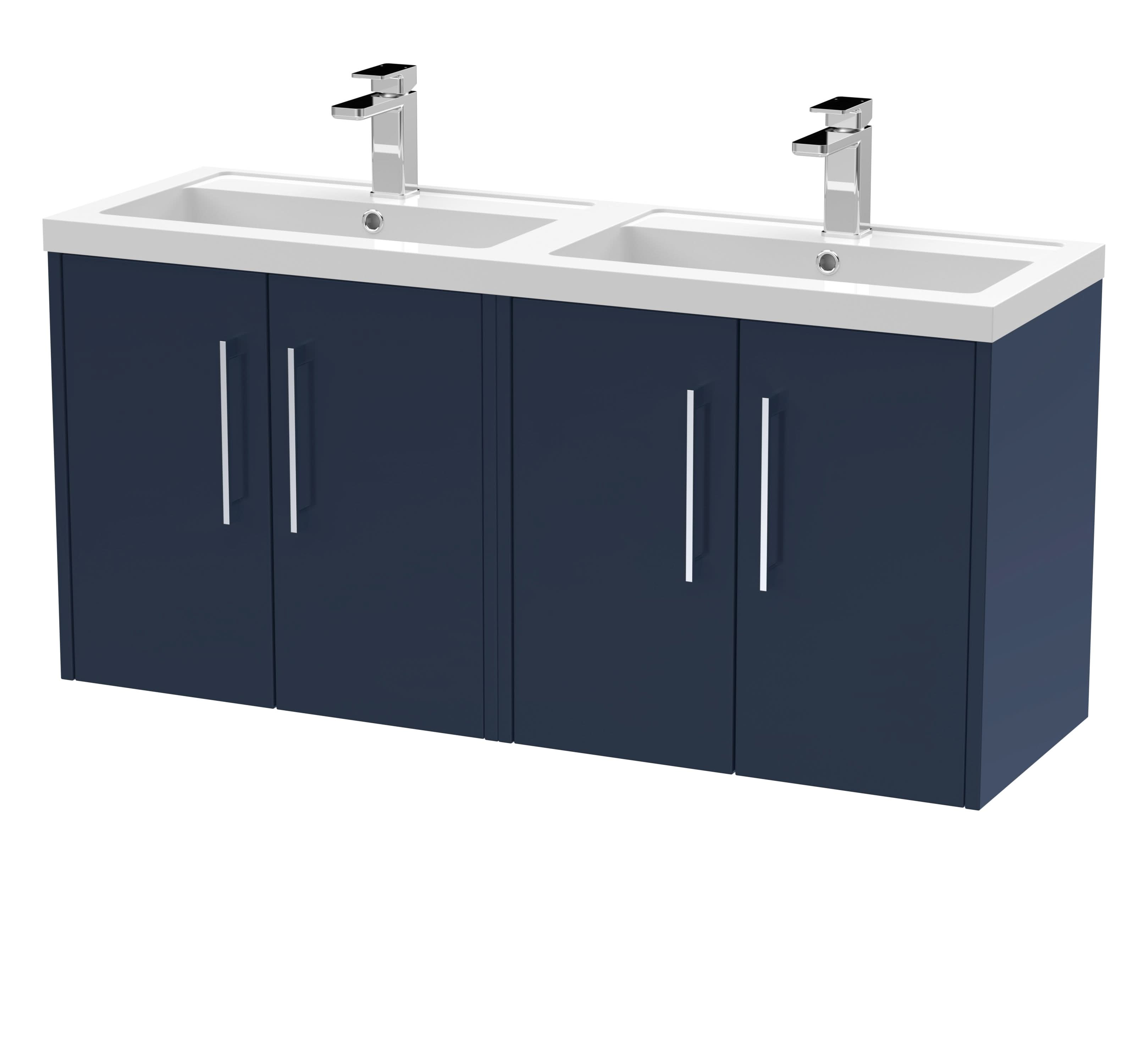 Hudson Reed Juno Wall Hung Vanity Unit with 4 Soft Close Doors & Double Basin, Modern Wall Hung Vanity Unit with Basin for Contemporary Bathrooms in Midnight Blue, 1200mm