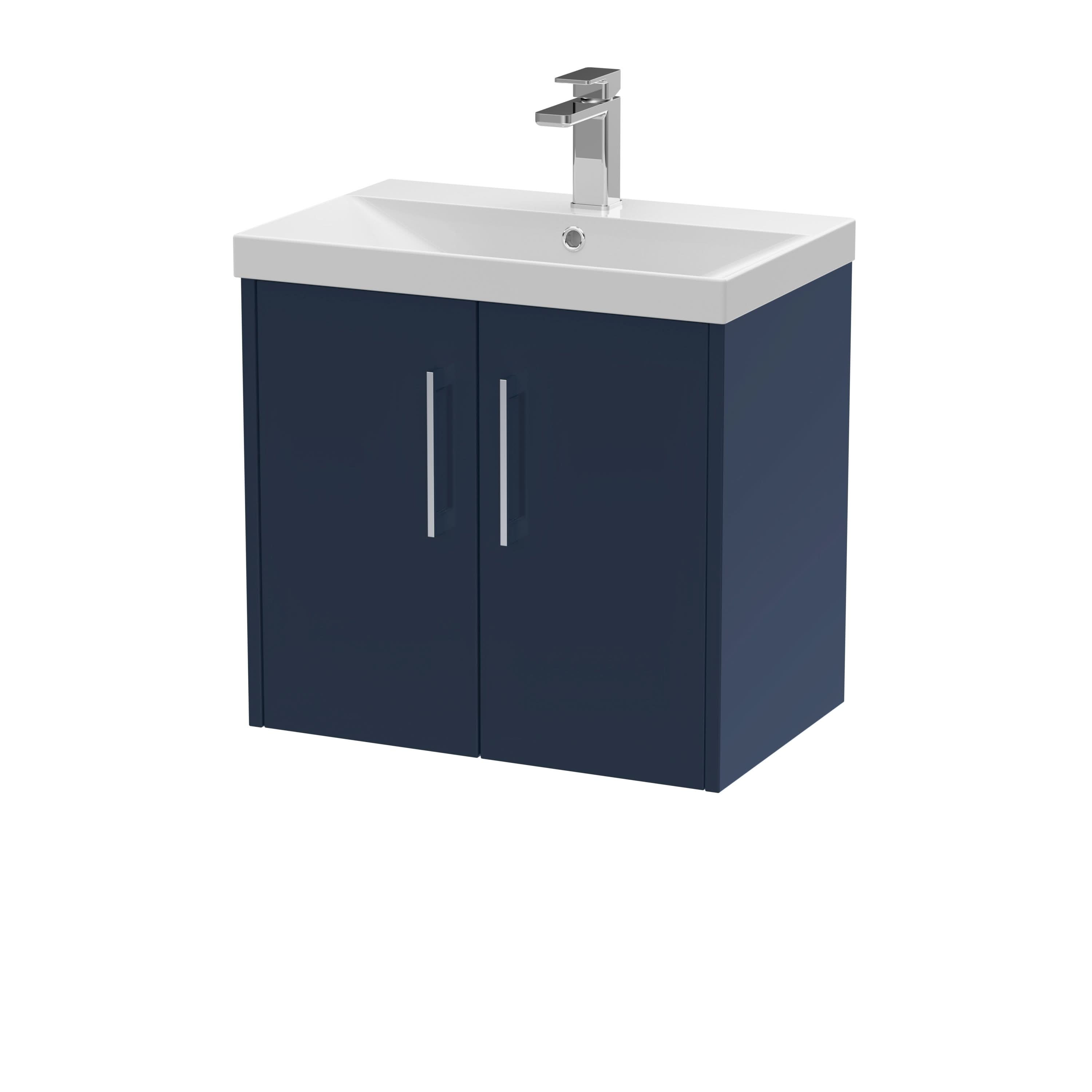 Hudson Reed Juno Wall Hung Vanity Unit with Basin, Durable Soft Close 2-Door Modern Bathroom Vanity Unit with Storage in Midnight Blue Matt Finish, 600mm