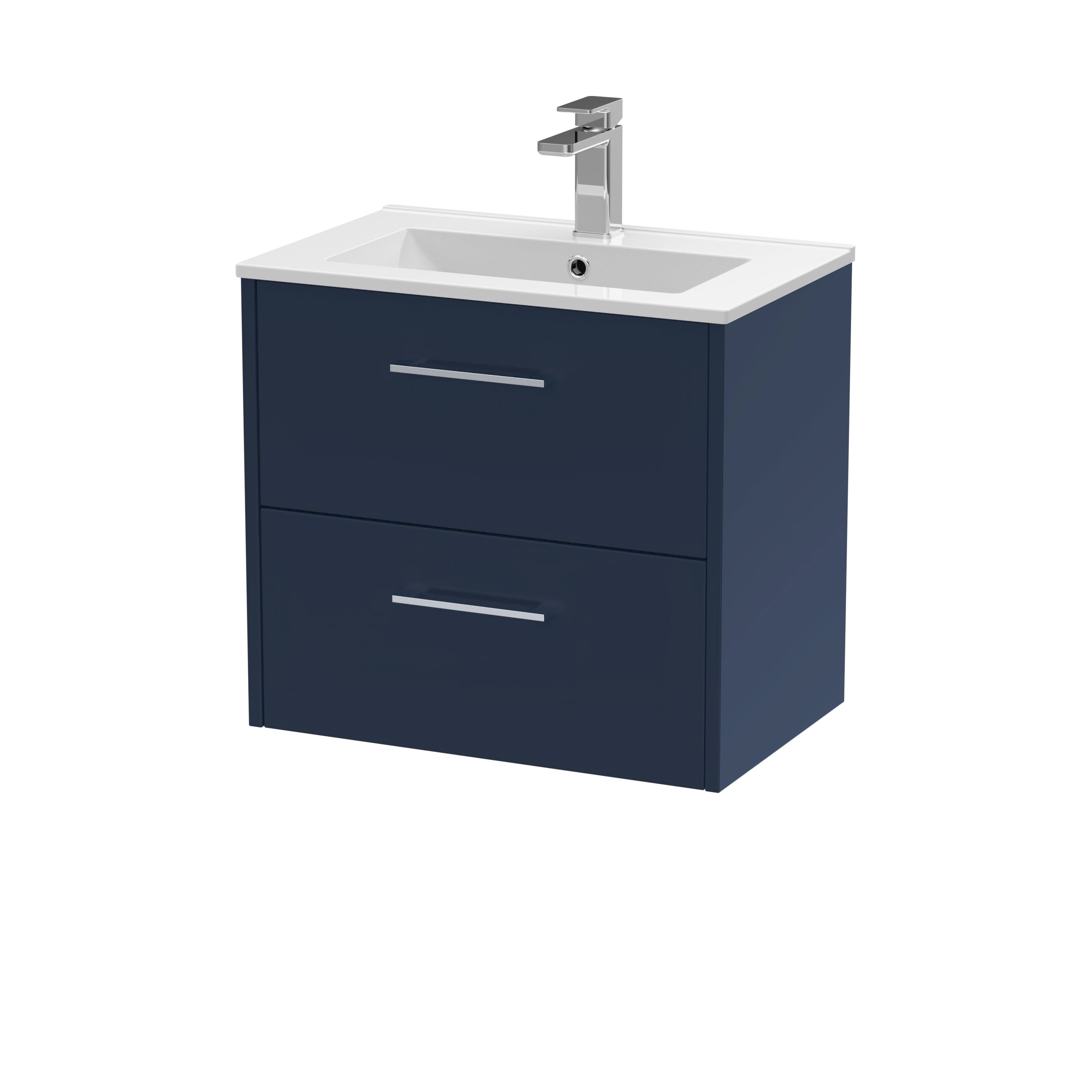 Hudson Reed Juno Wall Hung Vanity Unit with Basin 1 Tap Hole, Modern Wall Hung Vanity Unit with 2 Soft-Close Drawers and D Shape Handles in Midnight Blue, 600mm