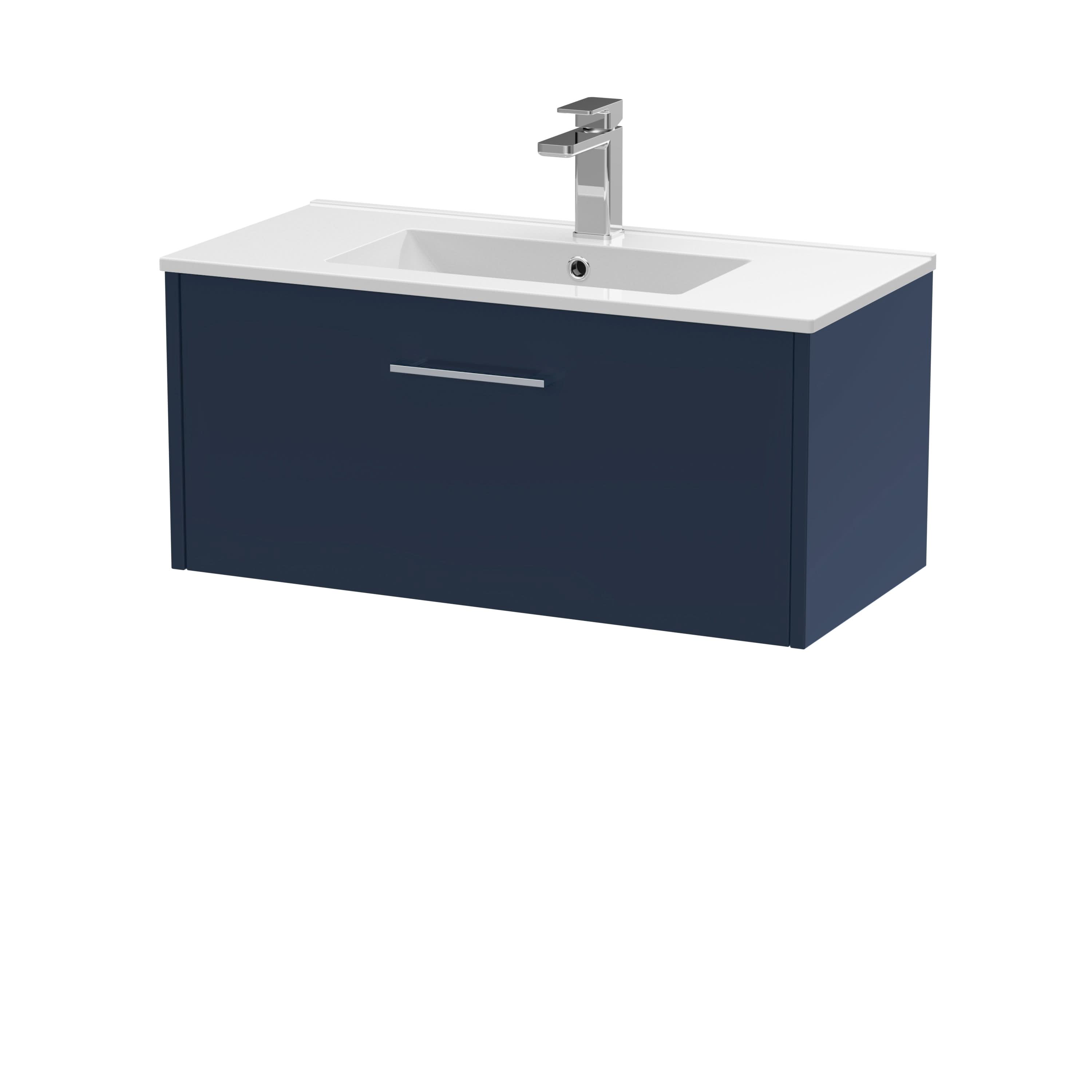 Hudson Reed Juno Wall Hung Vanity Unit with Basin 1 Tap Hole, Durable Soft Close Drawer with D Shape Handle for Modern Bathrooms in Midnight Blue, 800mm
