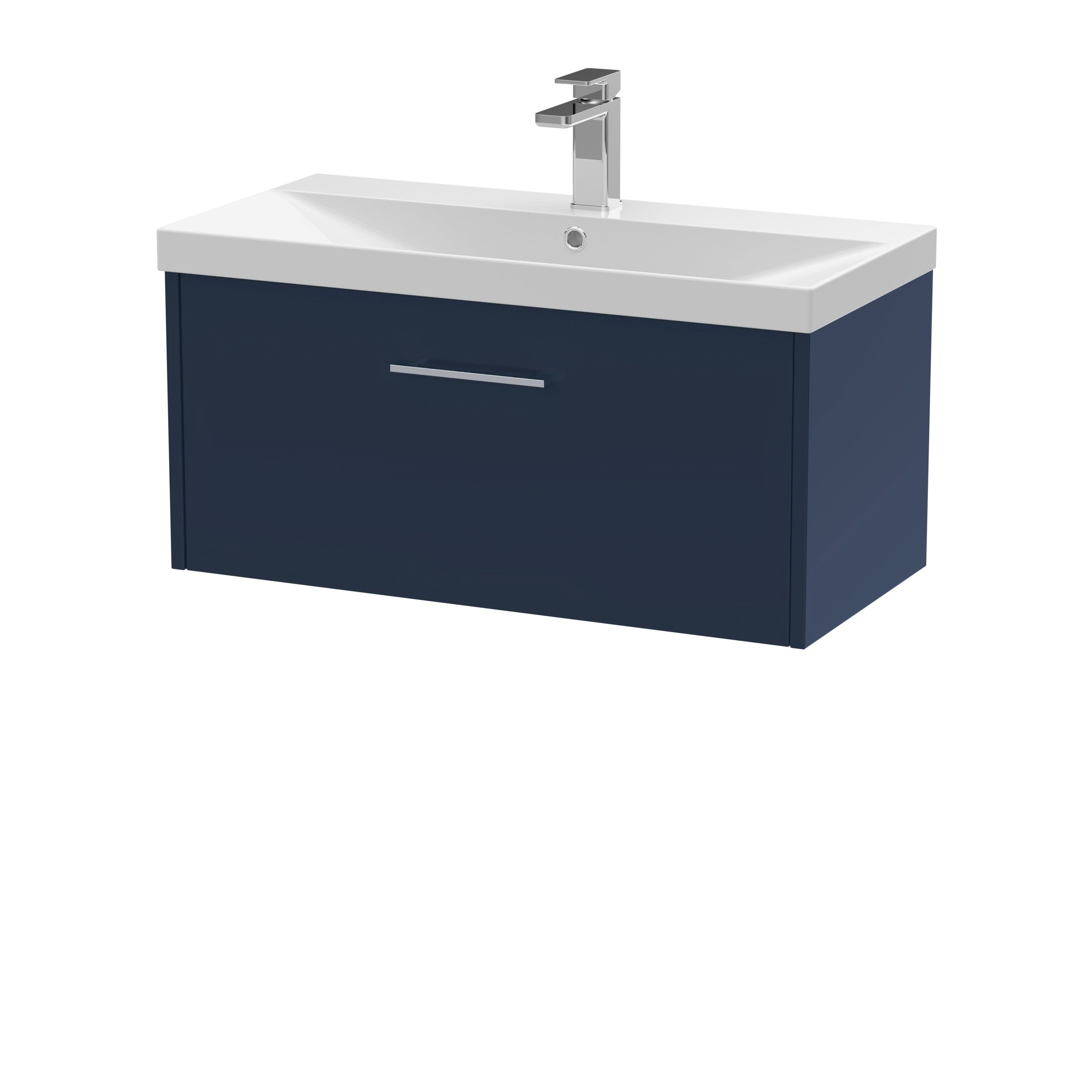 Hudson Reed Juno Wall Hung Vanity Unit with Basin 1 Tap Hole, Durable Soft Close Drawer with D Shape Handle for Modern Bathrooms in Midnight Blue, 800mm