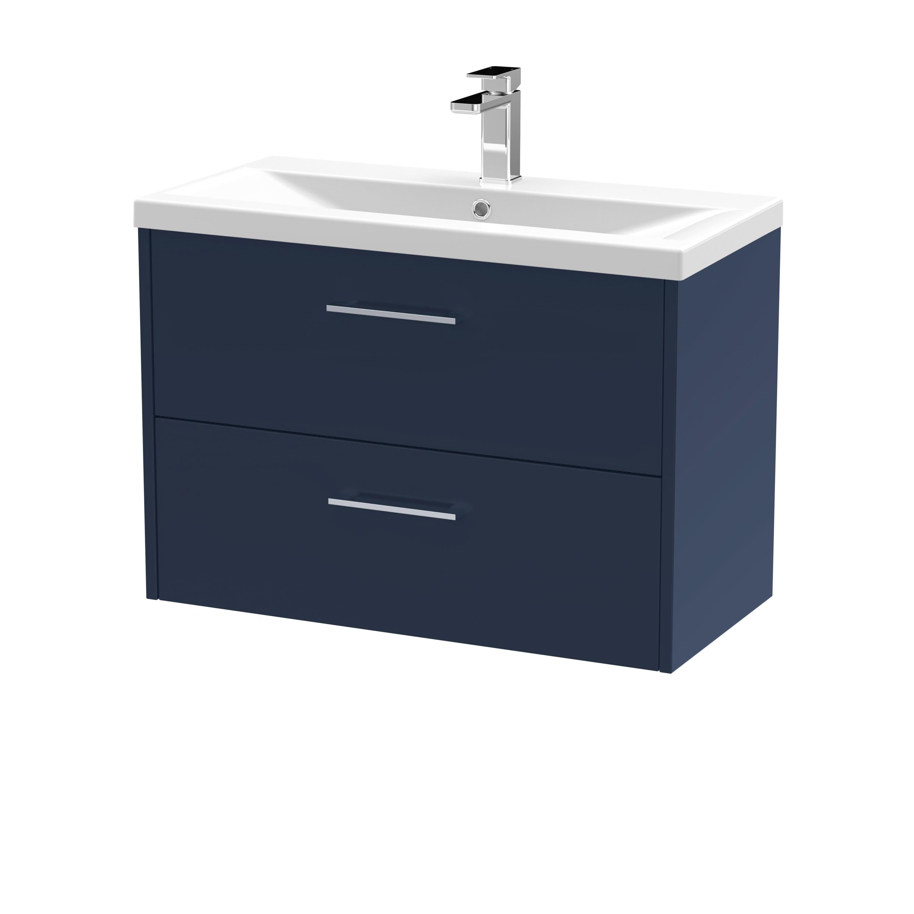 Hudson Reed Juno Wall Hung Vanity Unit with Basin 1 Tap Hole, 2 Soft Close Drawers with D Shape Handle, Modern Vanity Unit for Bathroom Storage in Midnight Blue, 800mm