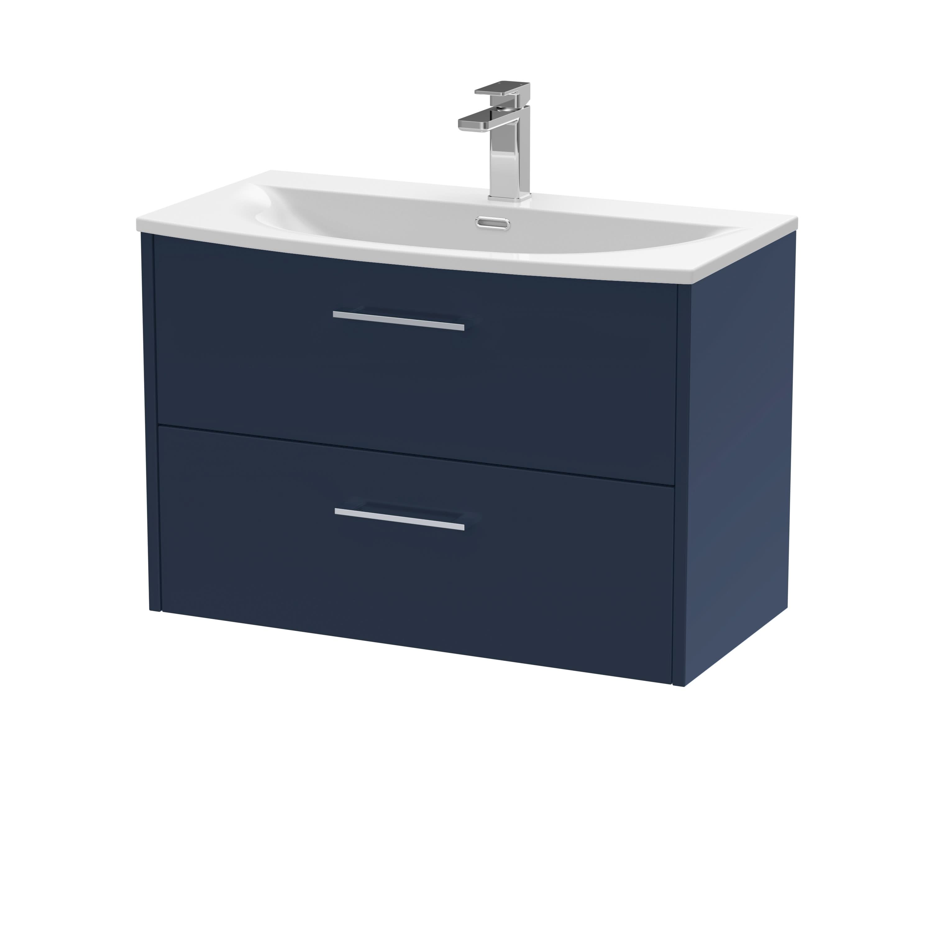 Hudson Reed Juno Wall Hung Vanity Unit with Basin 1 Tap Hole, 2 Soft Close Drawers with D Shape Handle, Modern Sink Vanity Unit for Bathroom in Midnight Blue, 800mm