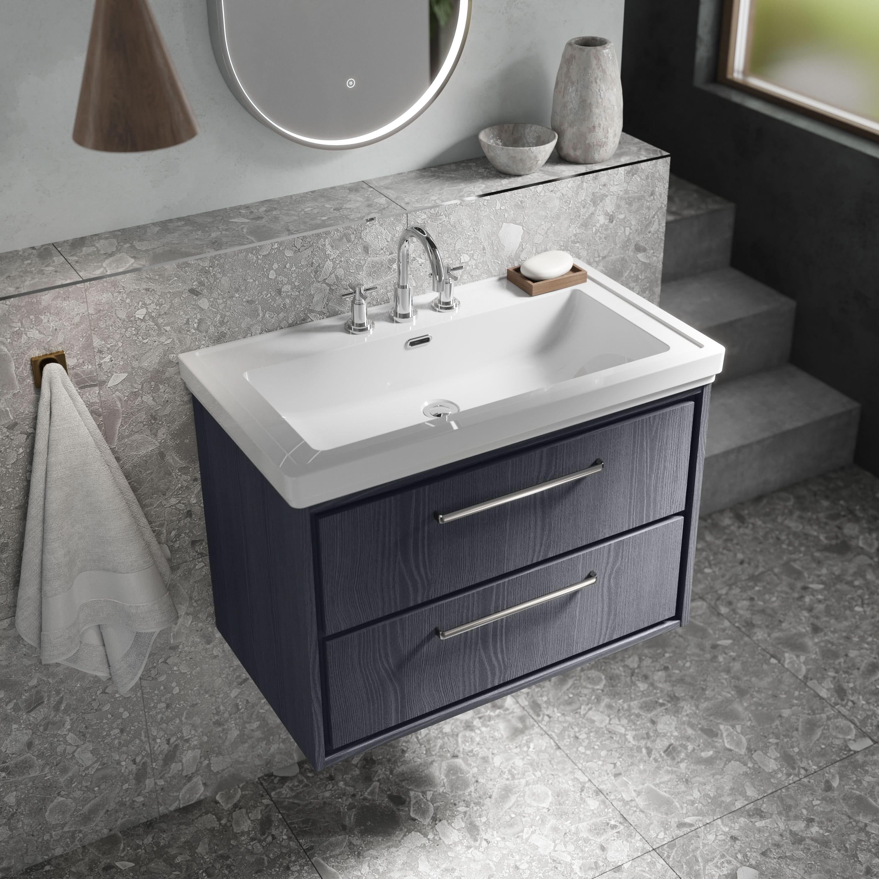 Hudson Reed Lille Wall Hung Vanity Unit with 3 Tap Hole Basin, Durable Bathroom Furniture, Double Drawer Sink Vanity Unit for Classic Bathroom Designs, 800mm