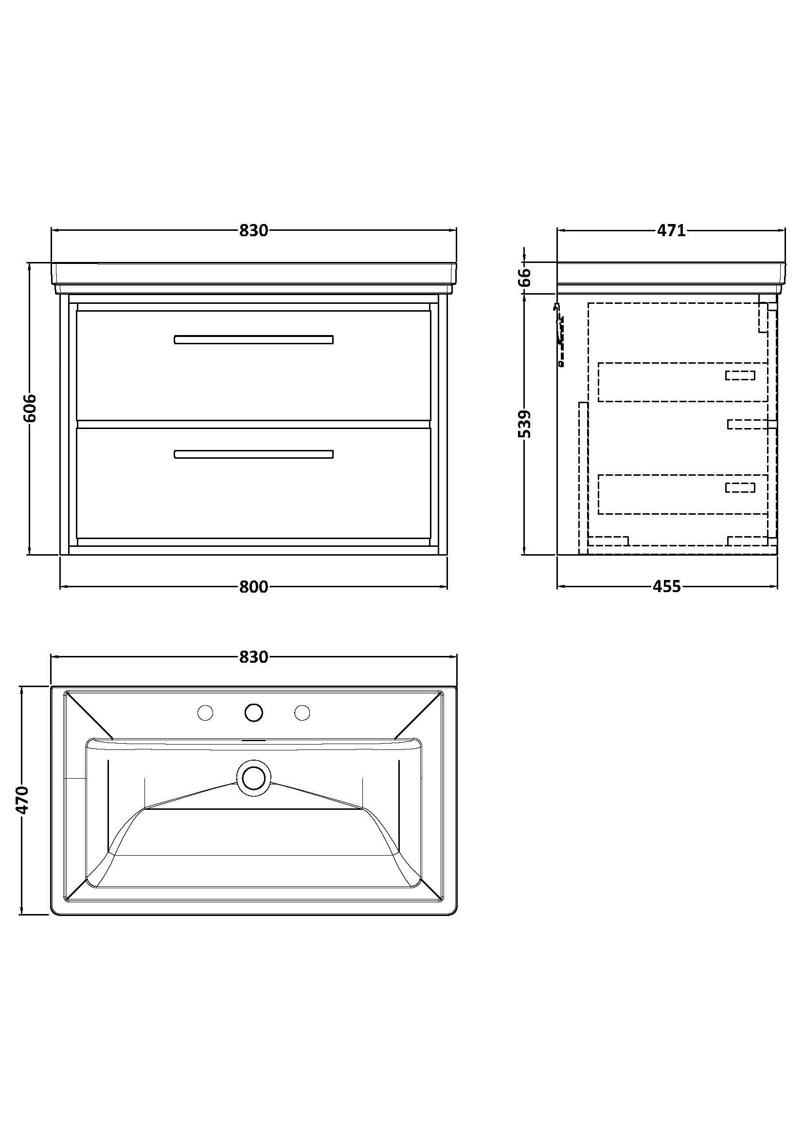 Hudson Reed Lille Wall Hung Vanity Unit with 3 Tap Hole Basin, Durable Bathroom Furniture, Double Drawer Sink Vanity Unit for Classic Bathroom Designs, 800mm
