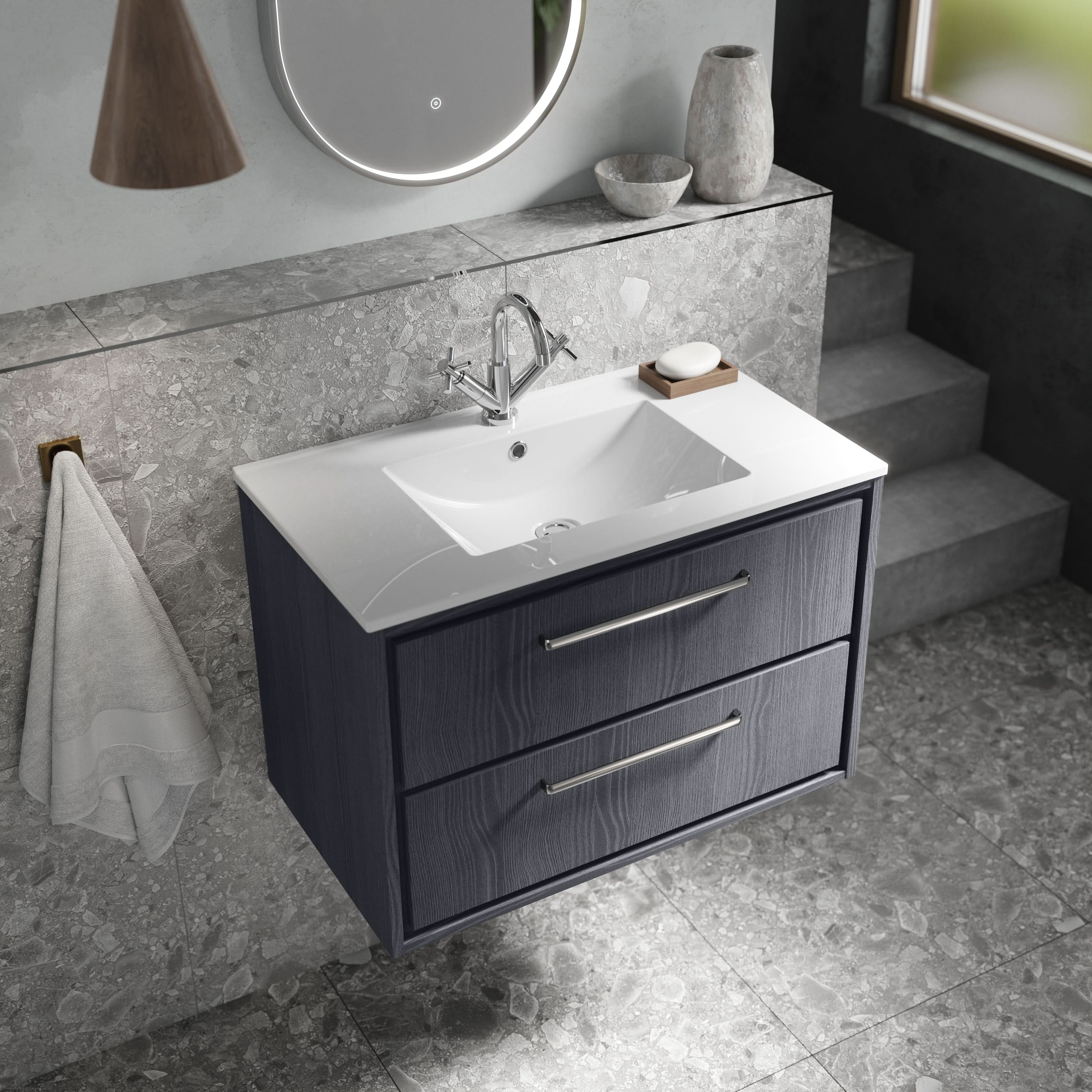 Hudson Reed Lille Wall Hung Vanity Unit with 1 Tap Hole Basin, Durable Bathroom Furniture, Double Drawer Sink Vanity Unit for Modern Bathroom Storage, 800mm