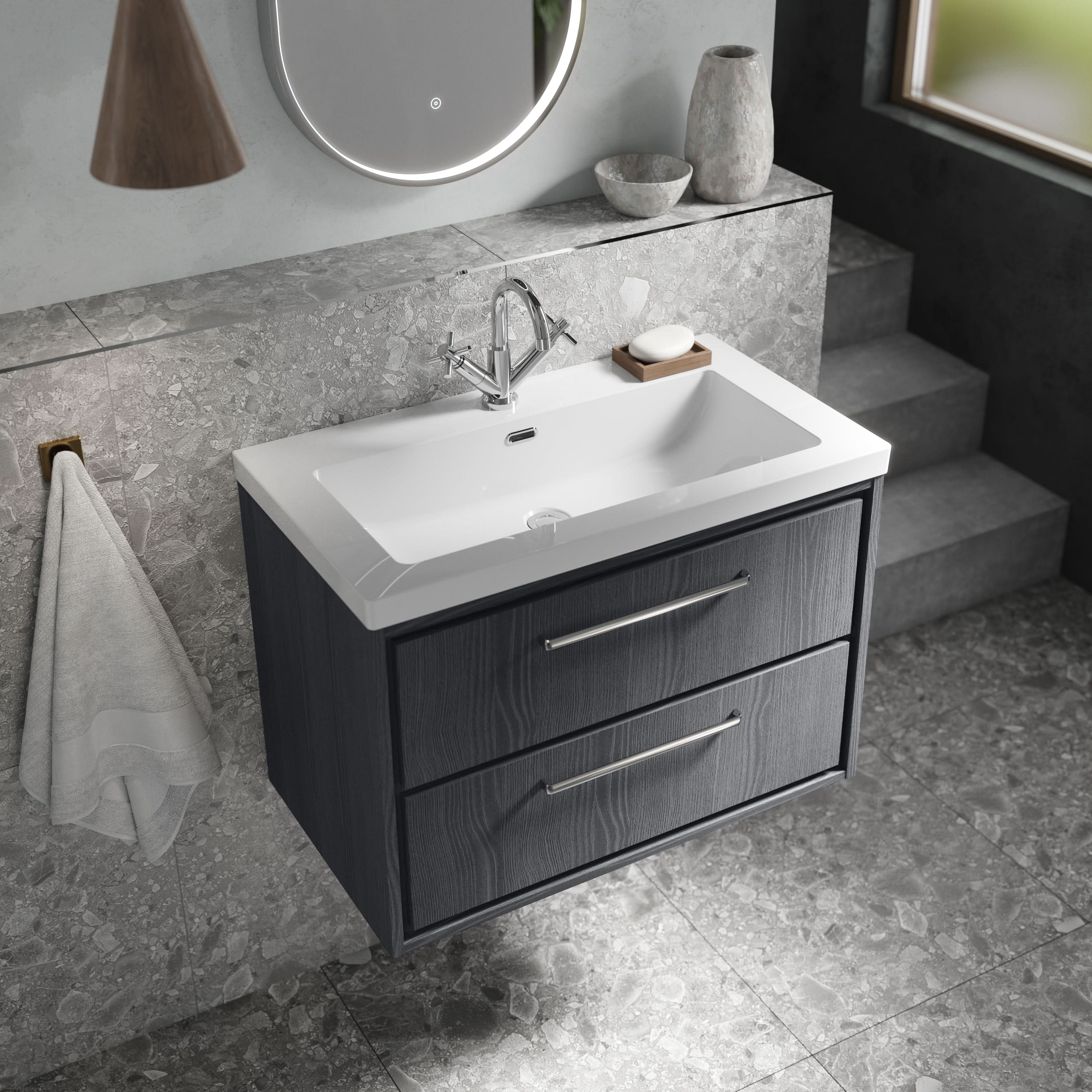 Hudson Reed Lille Wall Hung Vanity Unit with 1 Tap Hole Basin, Durable Bathroom Furniture, Double Drawer Sink Vanity Unit for Contemporary Bathroom Storage, 800mm