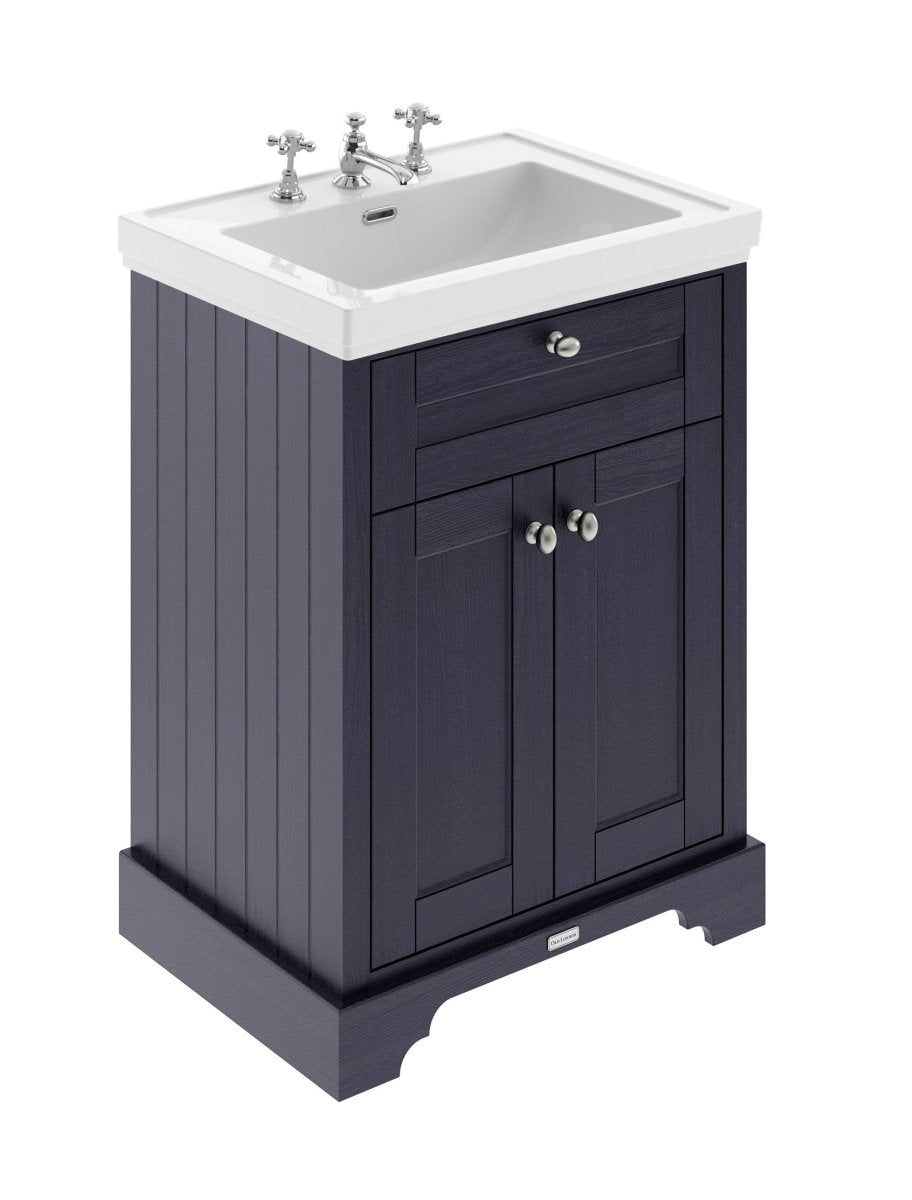 Old London Floor Standing Vanity Unit with 3 Tap Hole Fireclay Basin in MDF Cabinet, Soft Close Doors, Traditional Sink Vanity Unit in Twilight Blue, 600mm