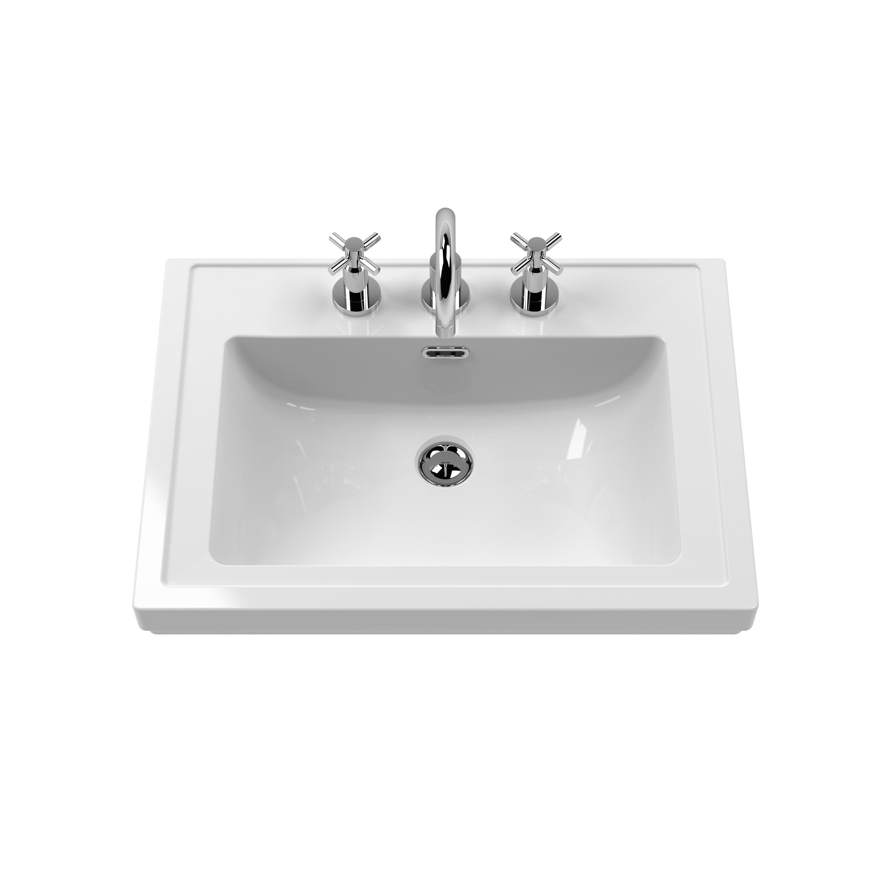 Old London Floor Standing Vanity Unit with 3 Tap Hole Fireclay Basin, Traditional Sink Vanity Unit for Bathroom, Soft Close Doors in Timeless Sand, 600mm