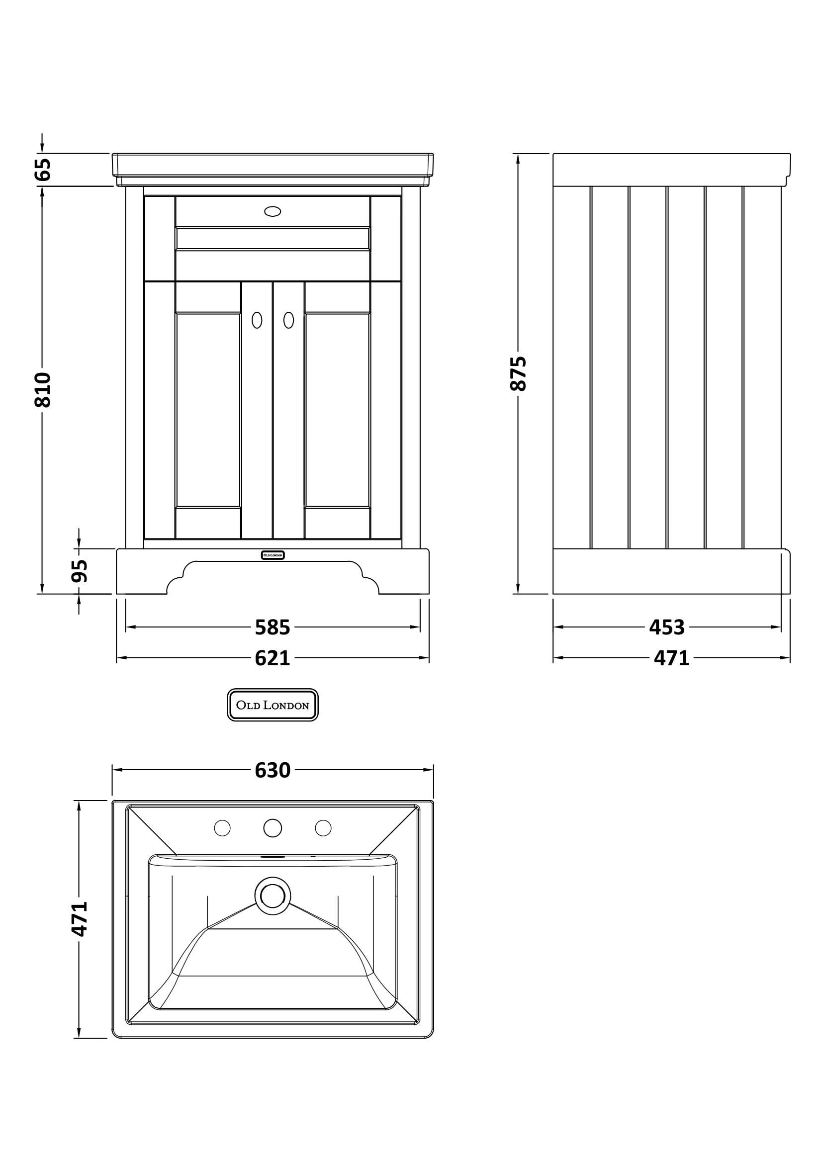 Old London Floor Standing Vanity Unit with 3 Tap Hole Fireclay Basin, Traditional Sink Vanity Unit for Bathroom, Soft Close Doors in Timeless Sand, 600mm