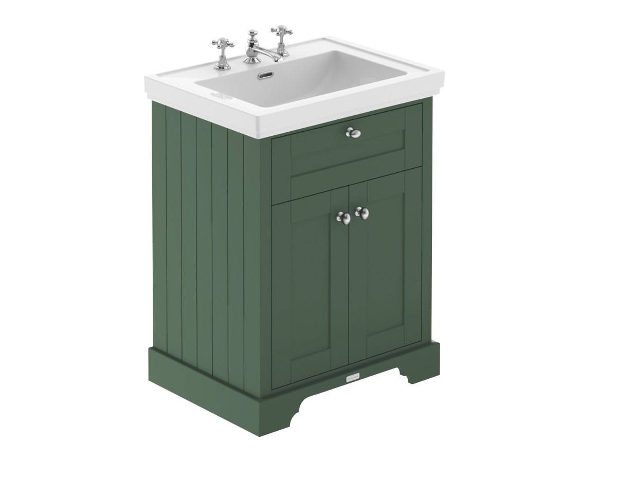 Old London Floor Standing Vanity Unit with 3 Tap Hole Fireclay Basin, Traditional Bathroom Vanity Unit with Basin & Storage, Soft Close Doors in Hunter Green, 600mm