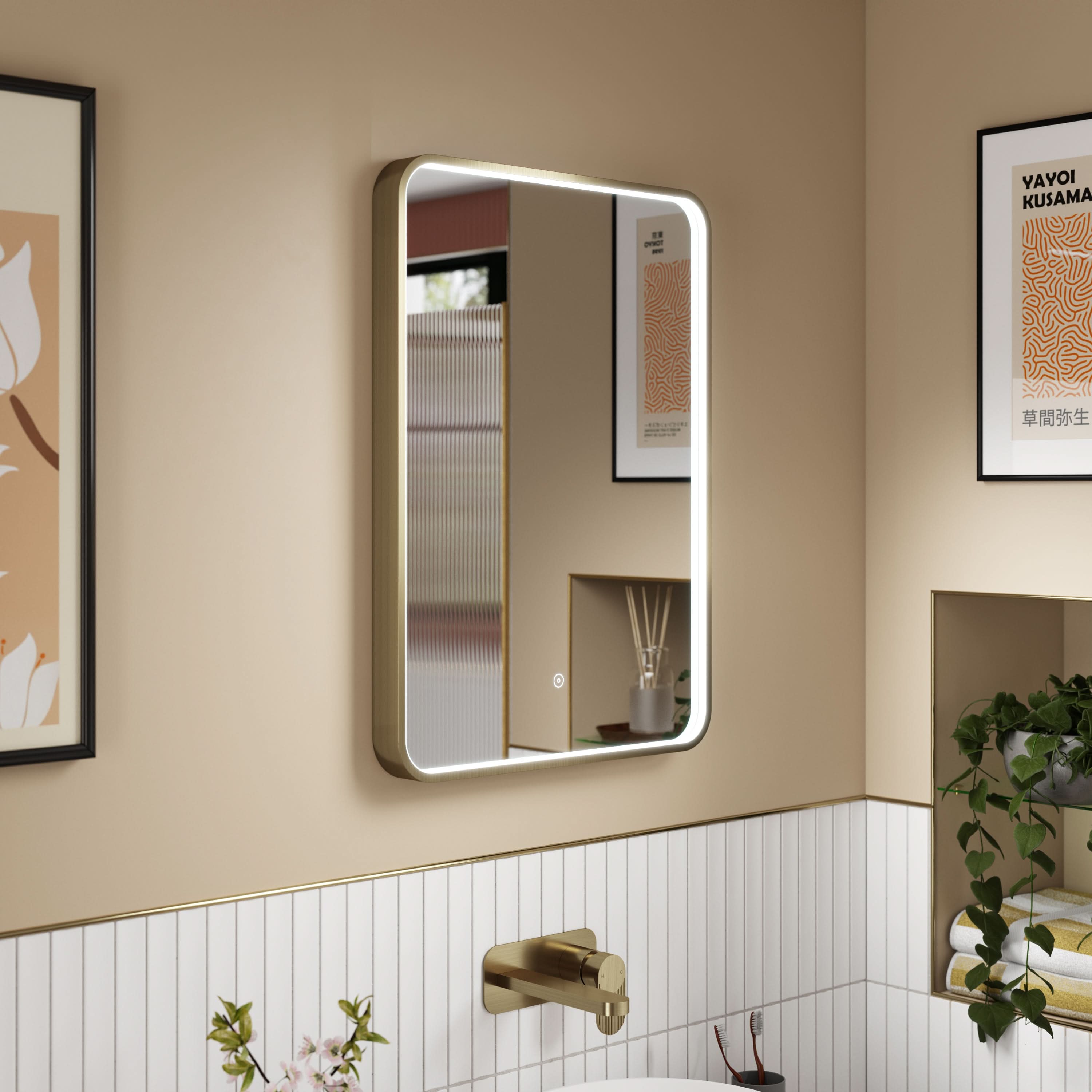 Hudson Reed Pictor Framed LED Bathroom Mirror with Touch Sensor, Demister Pad & Illuminated Wall Mirror with Mains Powered in Brushed Brass Frame, 700 x 500mm