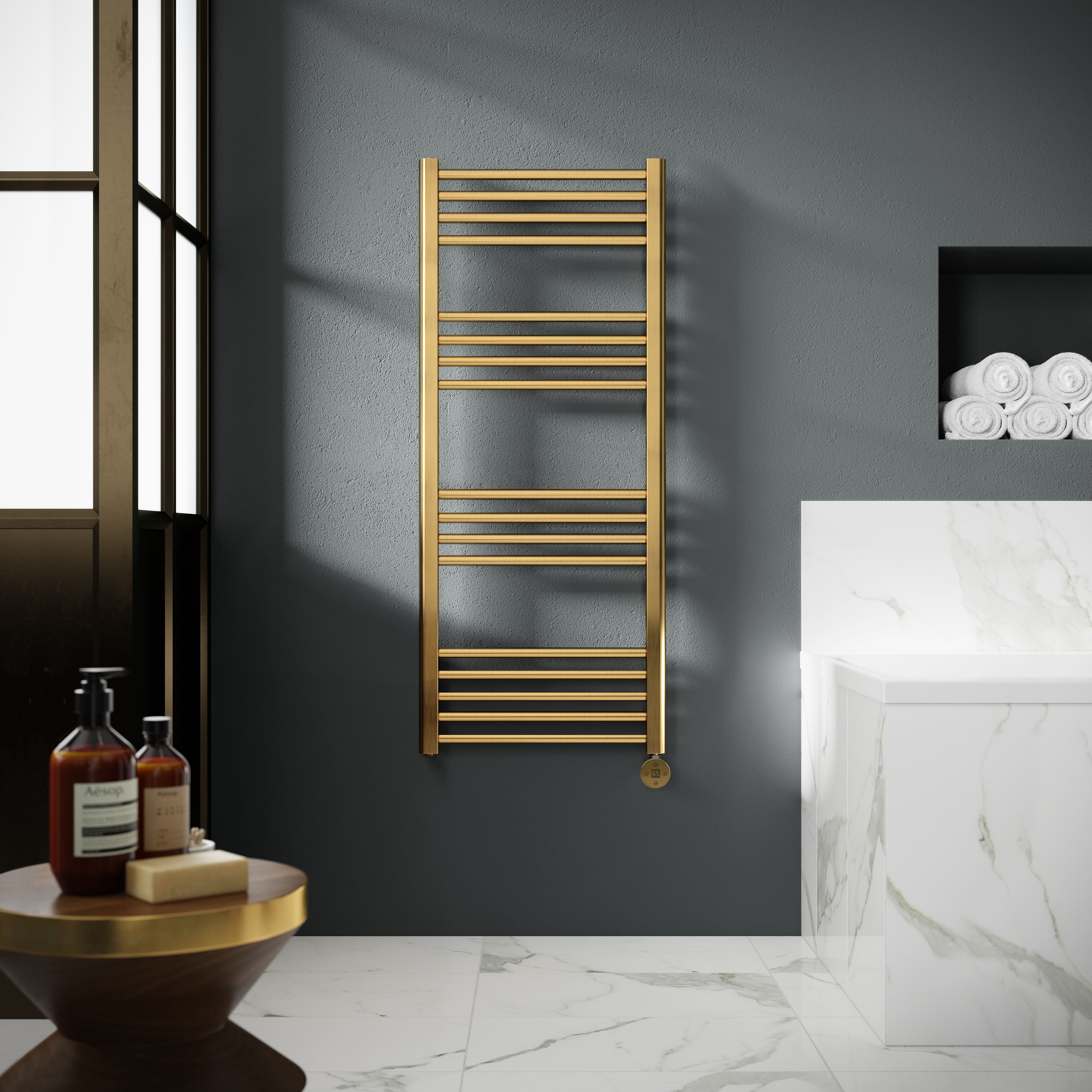 Hudson Reed Electric Round Straight Towel Radiator, Designer Heated Towel Rail with Thermostatic Control in Brushed Brass, 1200x500