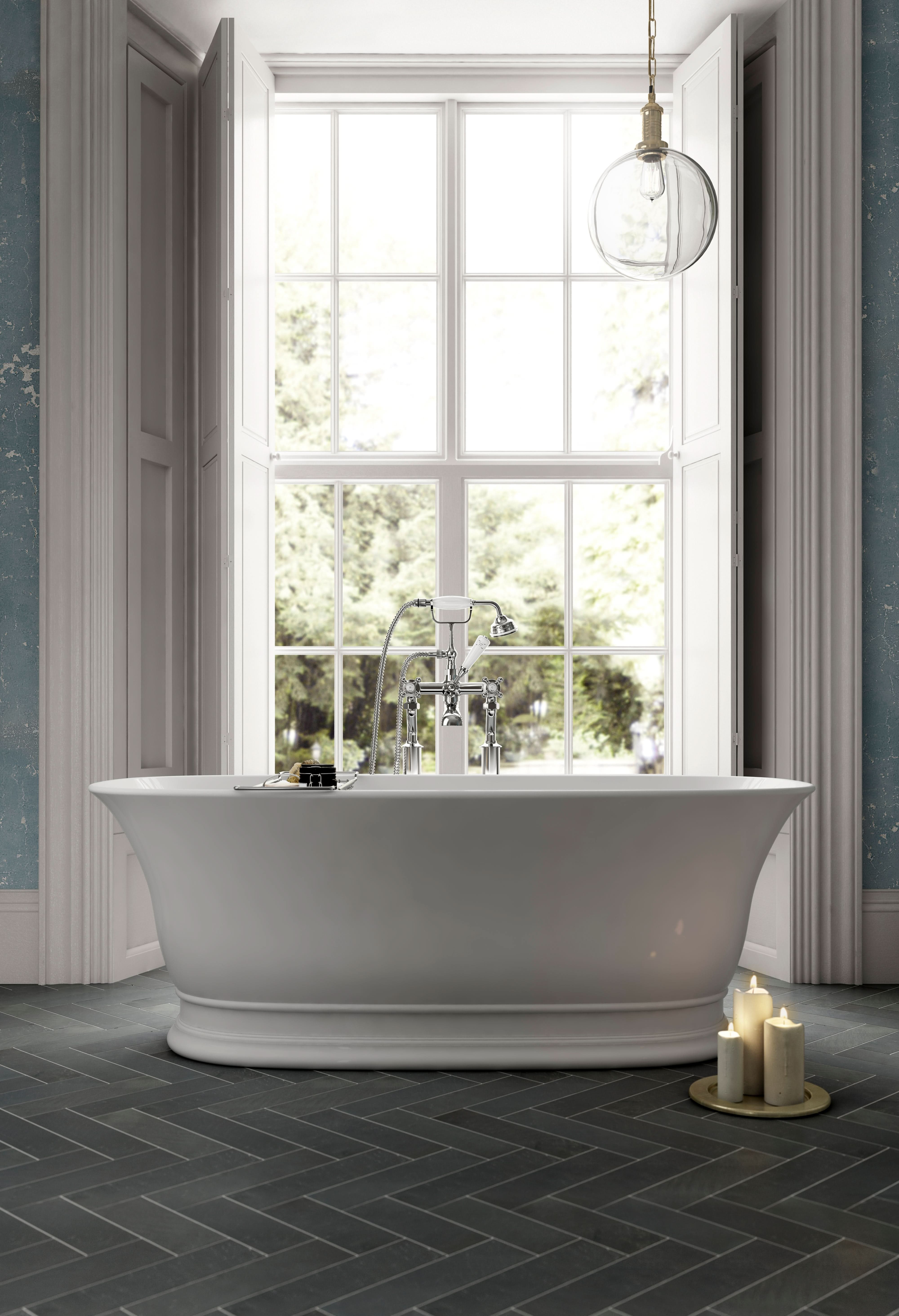 Old London Farringdon Oval Freestanding Bath Tub with Push Button Waste, Durable Acrylic Designer Bathtub in White, 1555x740mm