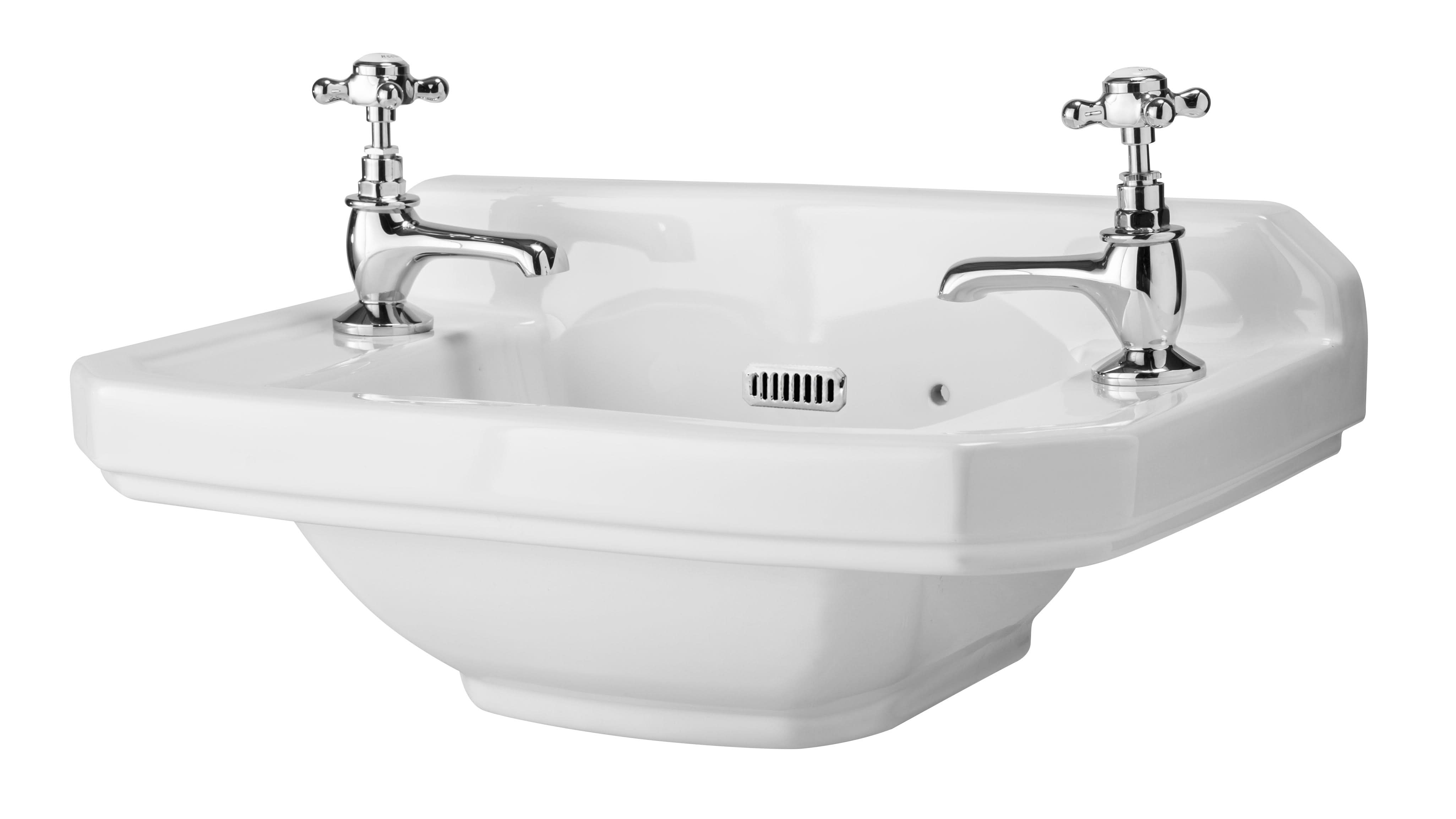 Hudson Reed Richmond Traditional Basin, Small Wall Hung Bathroom Sink with 2 Tap Holes, Ceramic Wash Basin, White 515mm