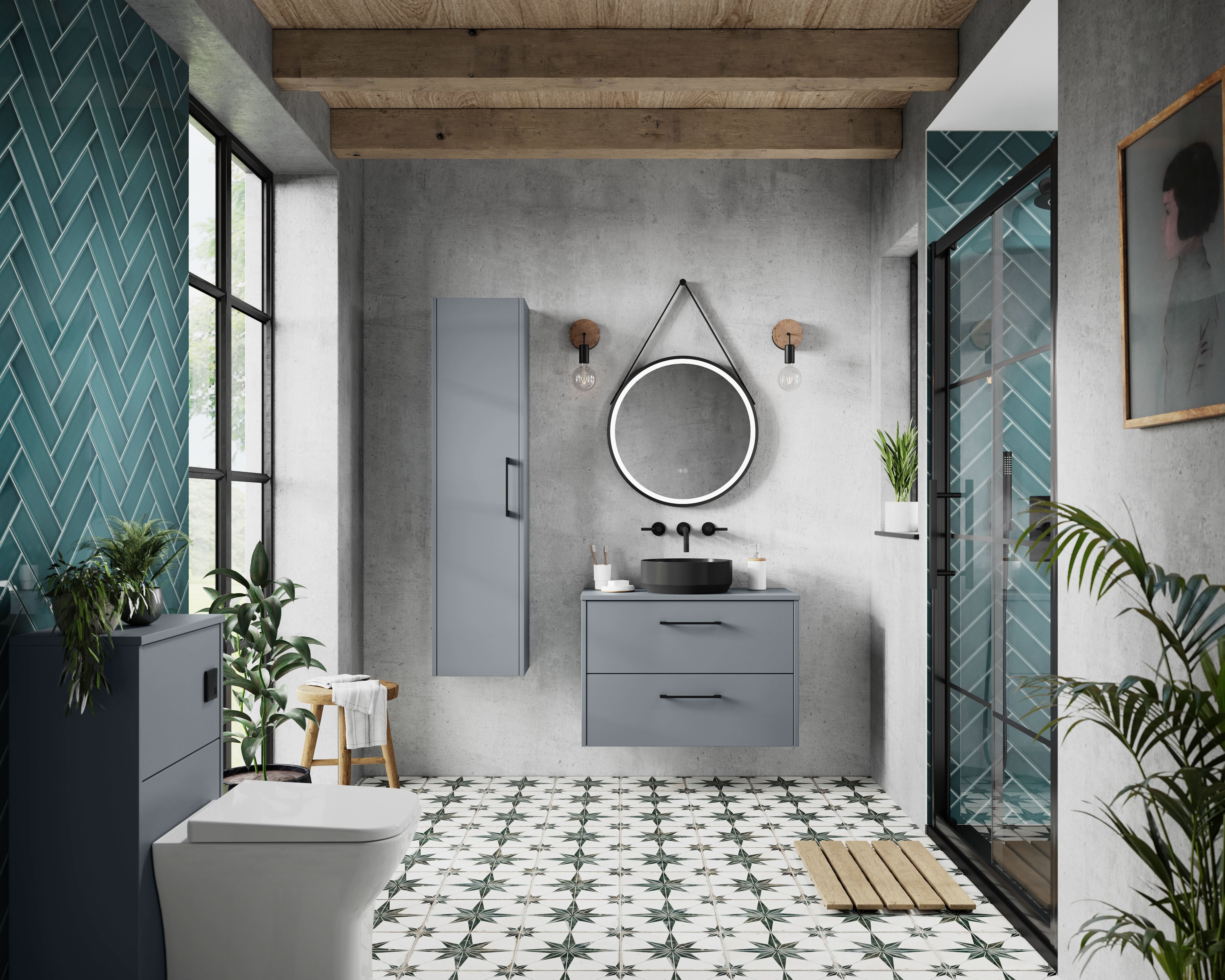 Hudson Reed Juno Wall Mounted Single Door Tall Unit, Modern Bathroom Storage Cabinet with D-Shape Handle in Coastal Grey, 350mm