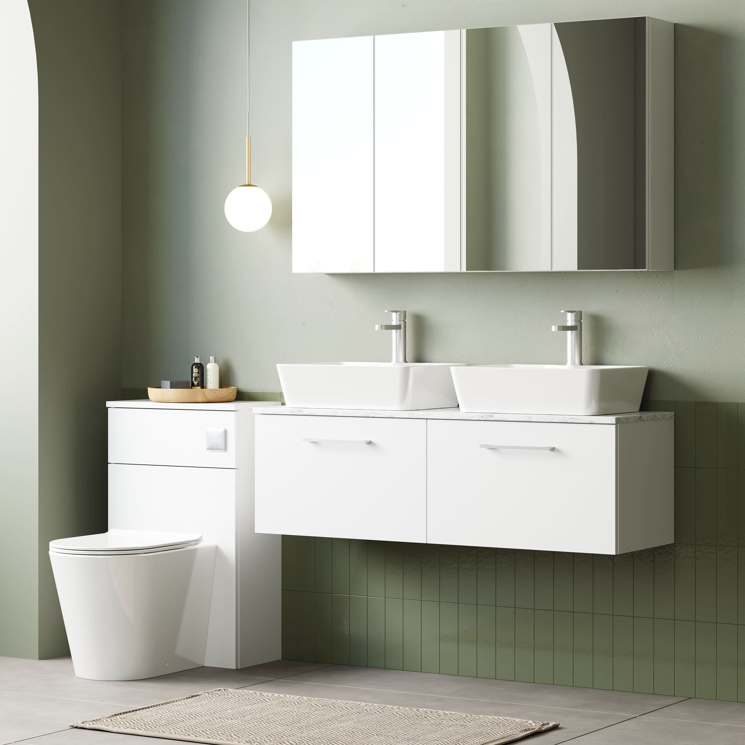 Nuie Arno Wall Hung 2-Drawer Vanity & Laminate Worktop, Contemporary Countertop Basin Unit with Soft Close Storage, Chrome, 1200mm