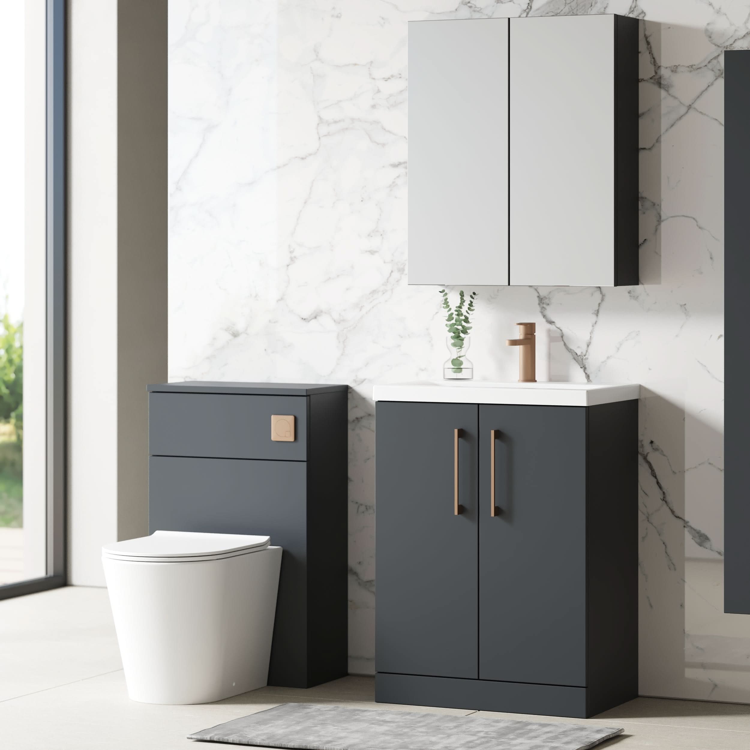 Nuie Arno Floor Standing 2 Door Vanity & Mid-Edge Ceramic Basin, Elegant Floor Standing Vanity Unit in Soft Black with Generous Storage, 600 mm